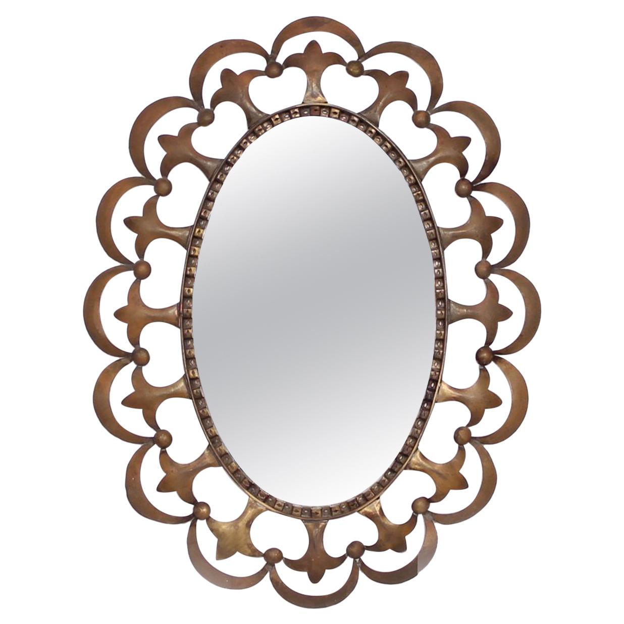 Labarge Regency Fleur-de-Lis Oval Wall Mirror Solid Brass Subtle Ornate Detail