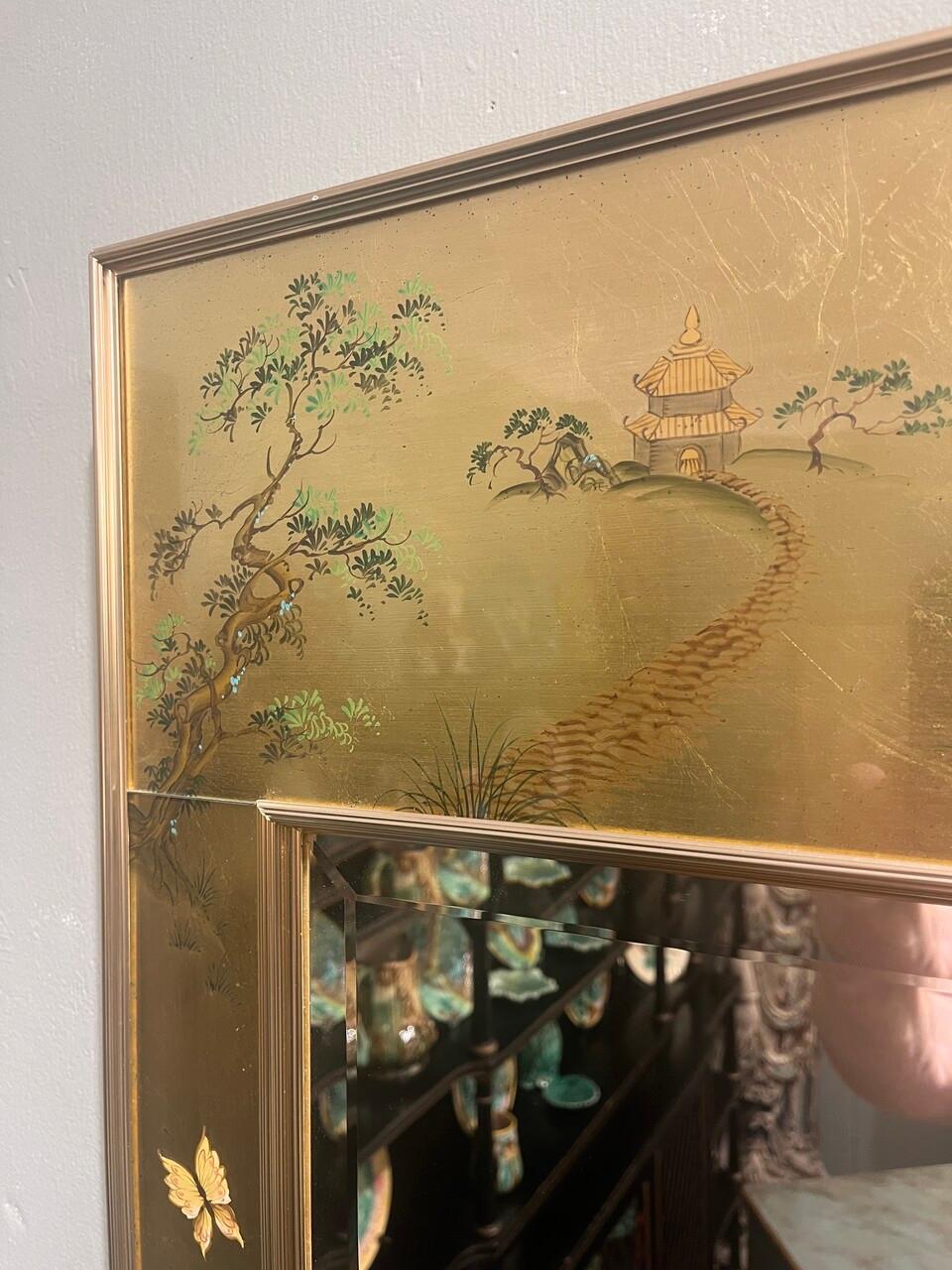 LaBarge Reverse Painted Chinoiserie Mirror in gilt frame with decorated backround with Asian natural scenes. Signed and dated by artist.