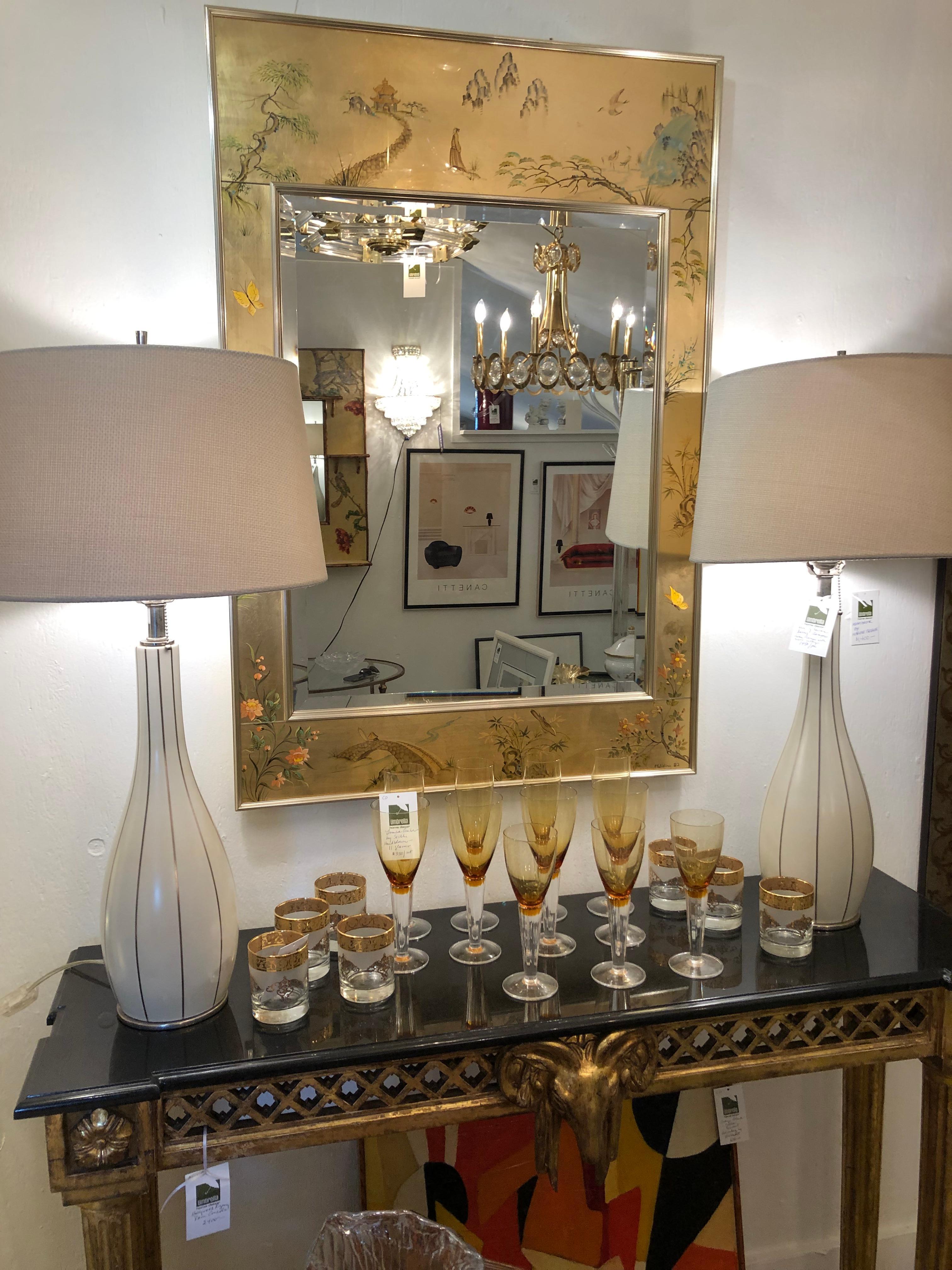 Lovely rectangular vertical mirror by Labarge having Chinoiserie decorated frame with gold gilt background poetically decorated with birds and Asian inspired foliage. Bevelled mirror measures 21.75 x 28 
Signed lower right and dated '93.