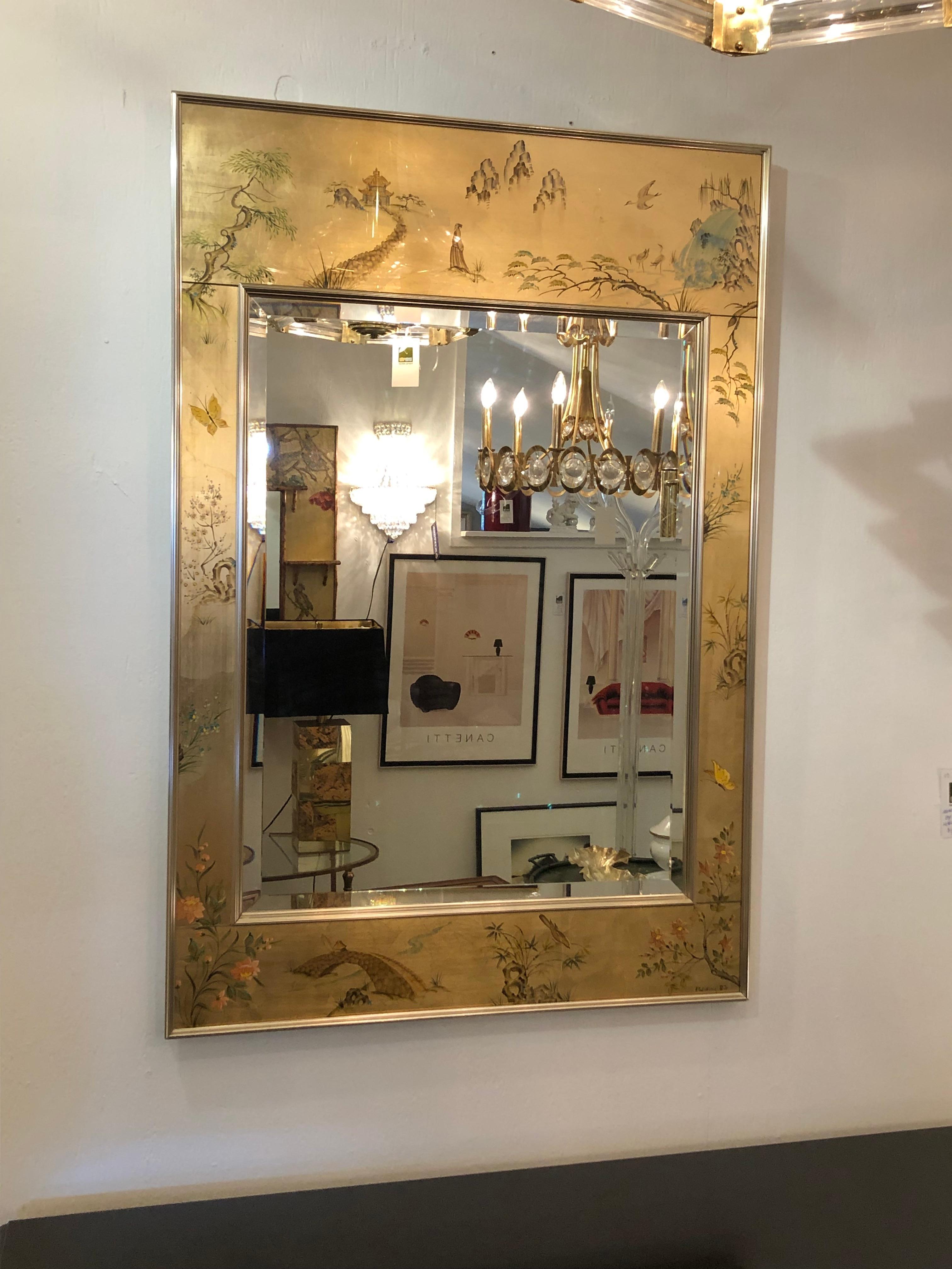 Labarge Reverse Painting on Glass Eglomise Gold Leaf Mirror For Sale 1