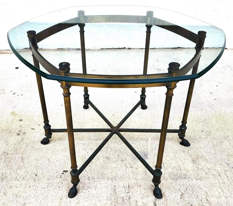 Hollywood Regency Labarge Side Table Brass Glass Hoof Footed
