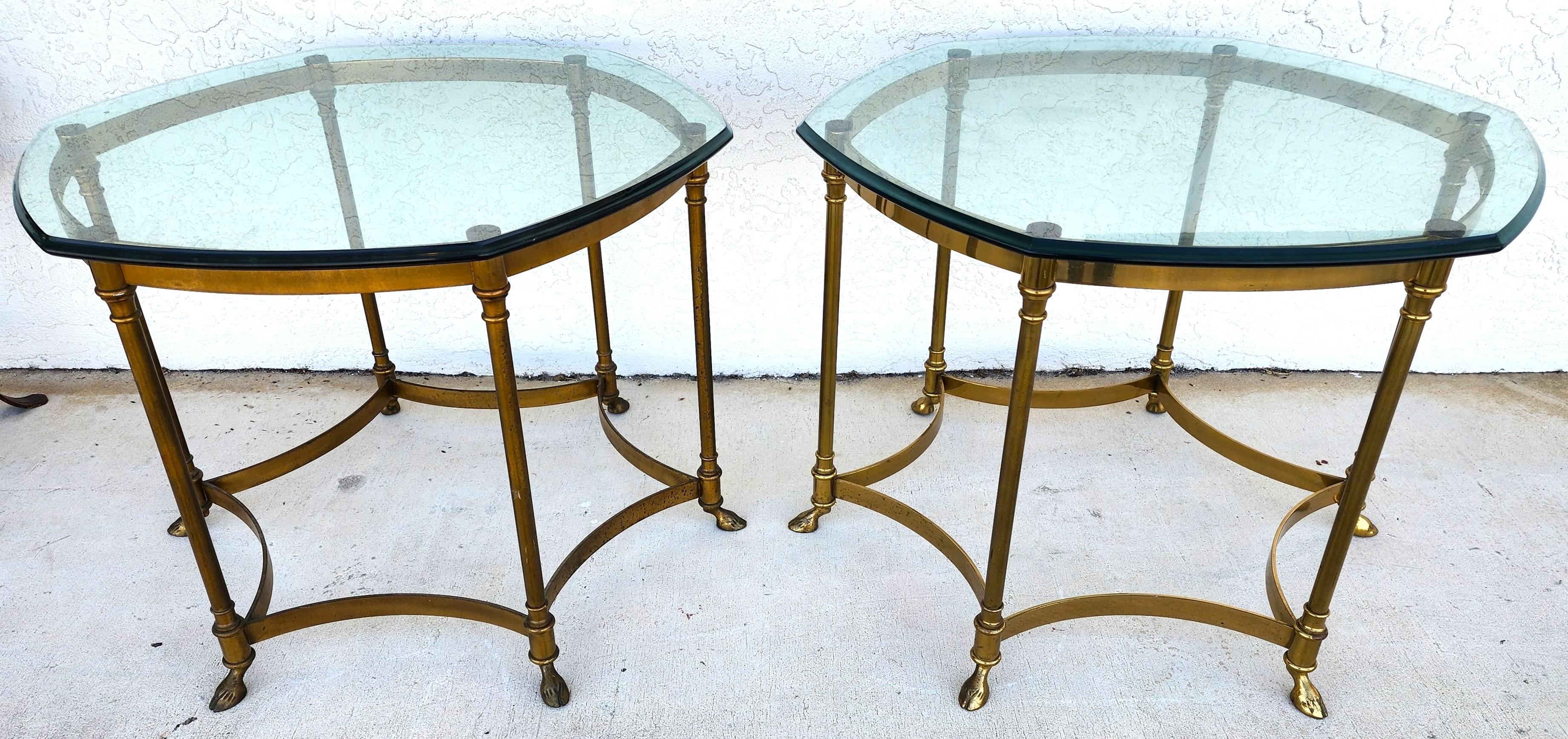 For FULL item description click on CONTINUE READING at the bottom of this page.
Offering One Of Our Recent Palm Beach Estate Fine Furniture Acquisitions Of A
Rare Pair of Labarge Brass & Glass Hoof Footed Octagonal Side Tables
Come with the original