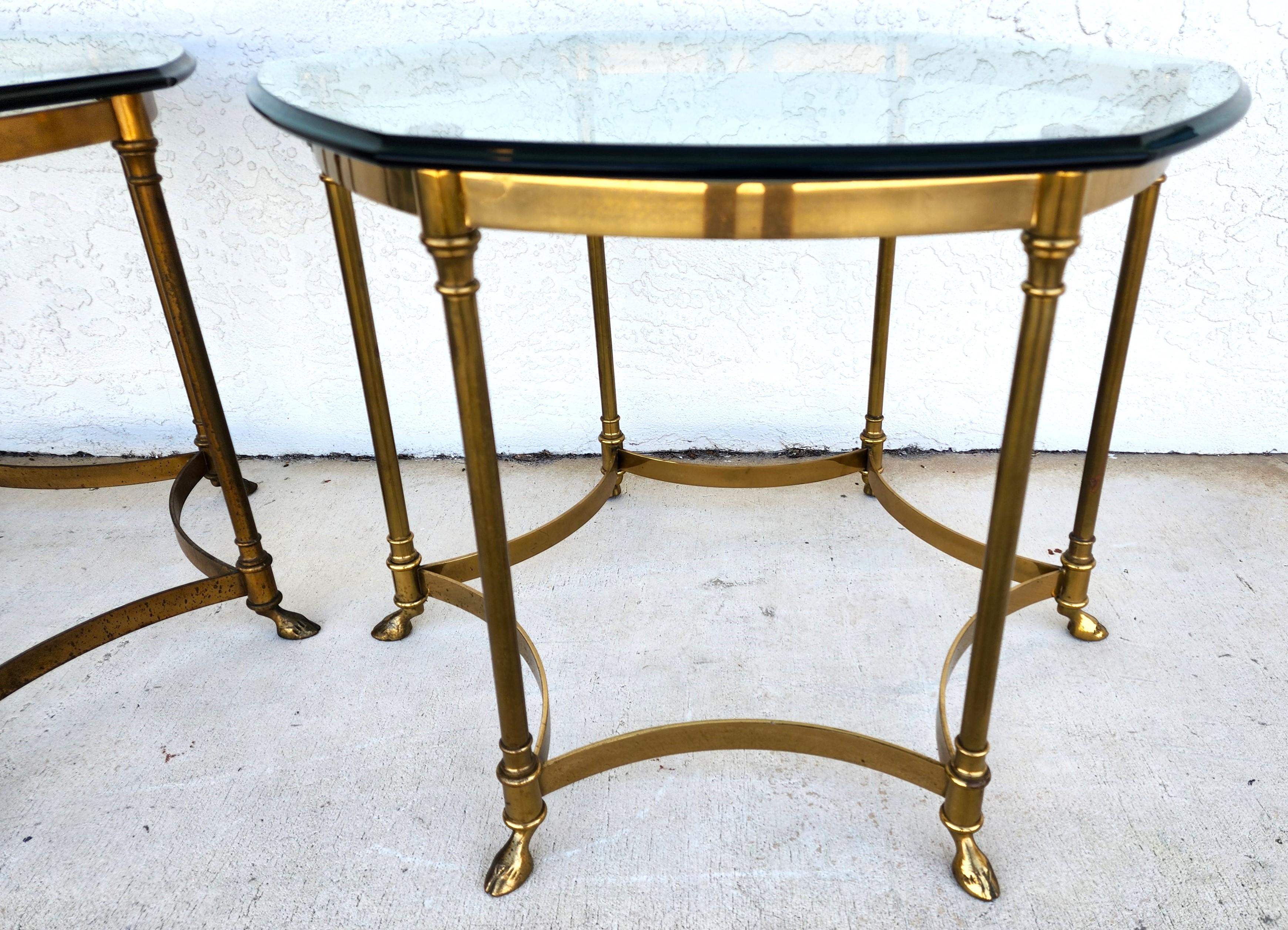 Hollywood Regency Labarge Side Tables Brass Glass Hoof Footed Octagonal For Sale
