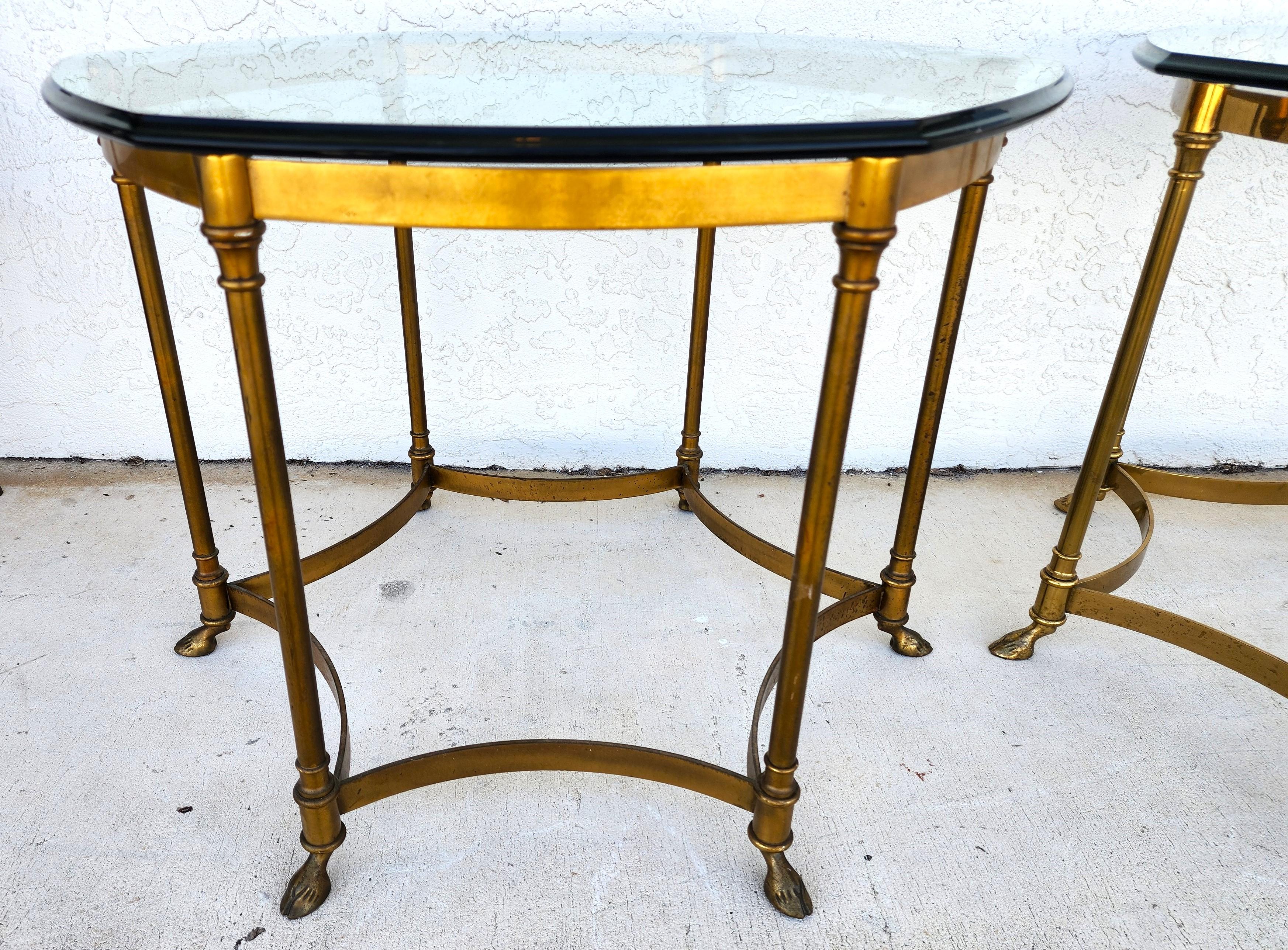 Labarge Side Tables Brass Glass Hoof Footed Octagonal In Good Condition For Sale In Lake Worth, FL