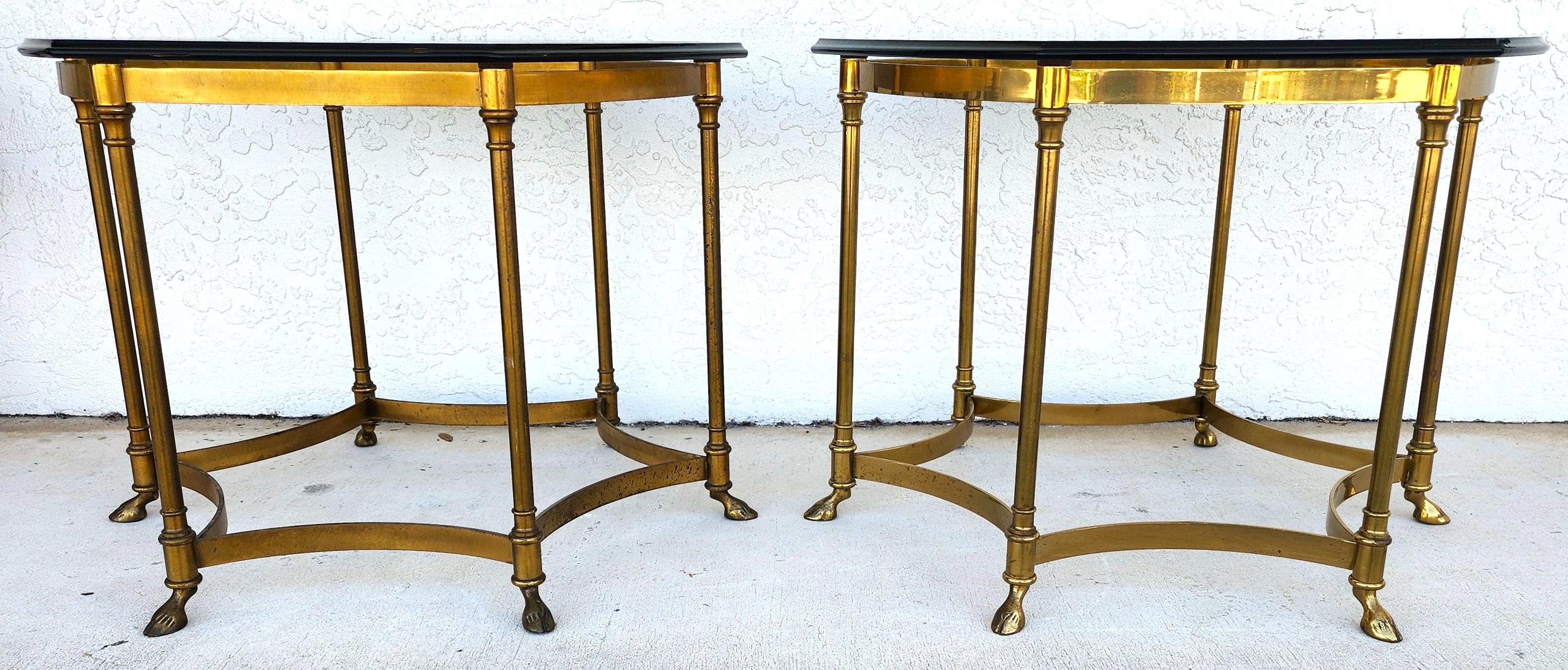 Late 20th Century Labarge Side Tables Brass Glass Hoof Footed Octagonal For Sale
