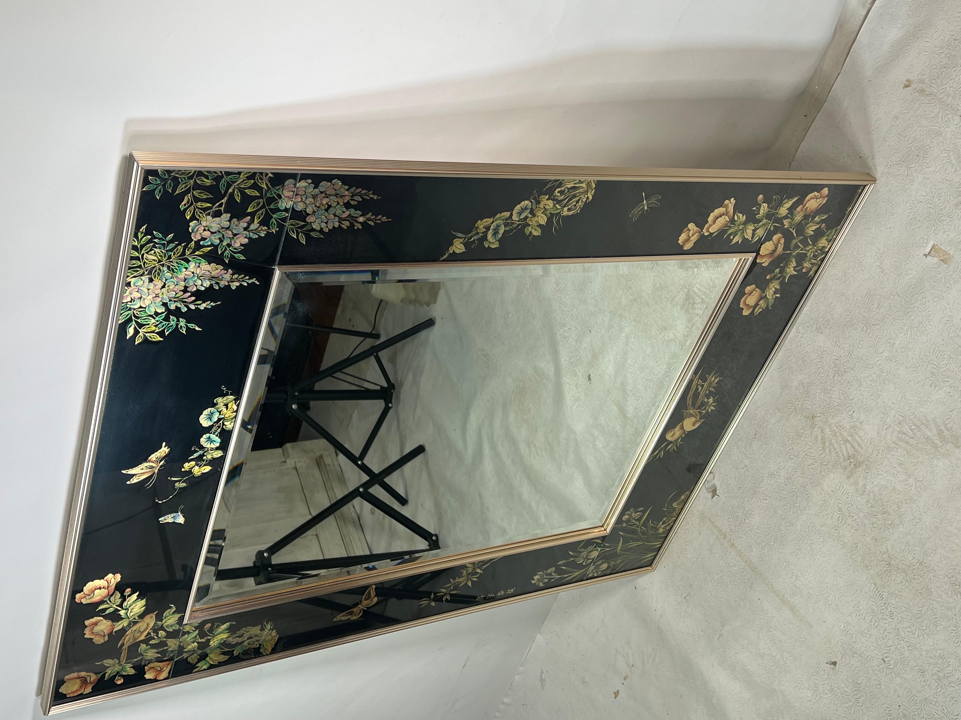 Labarge Signed Black Reverse Painted Chinoiserie Wall Mirror 4