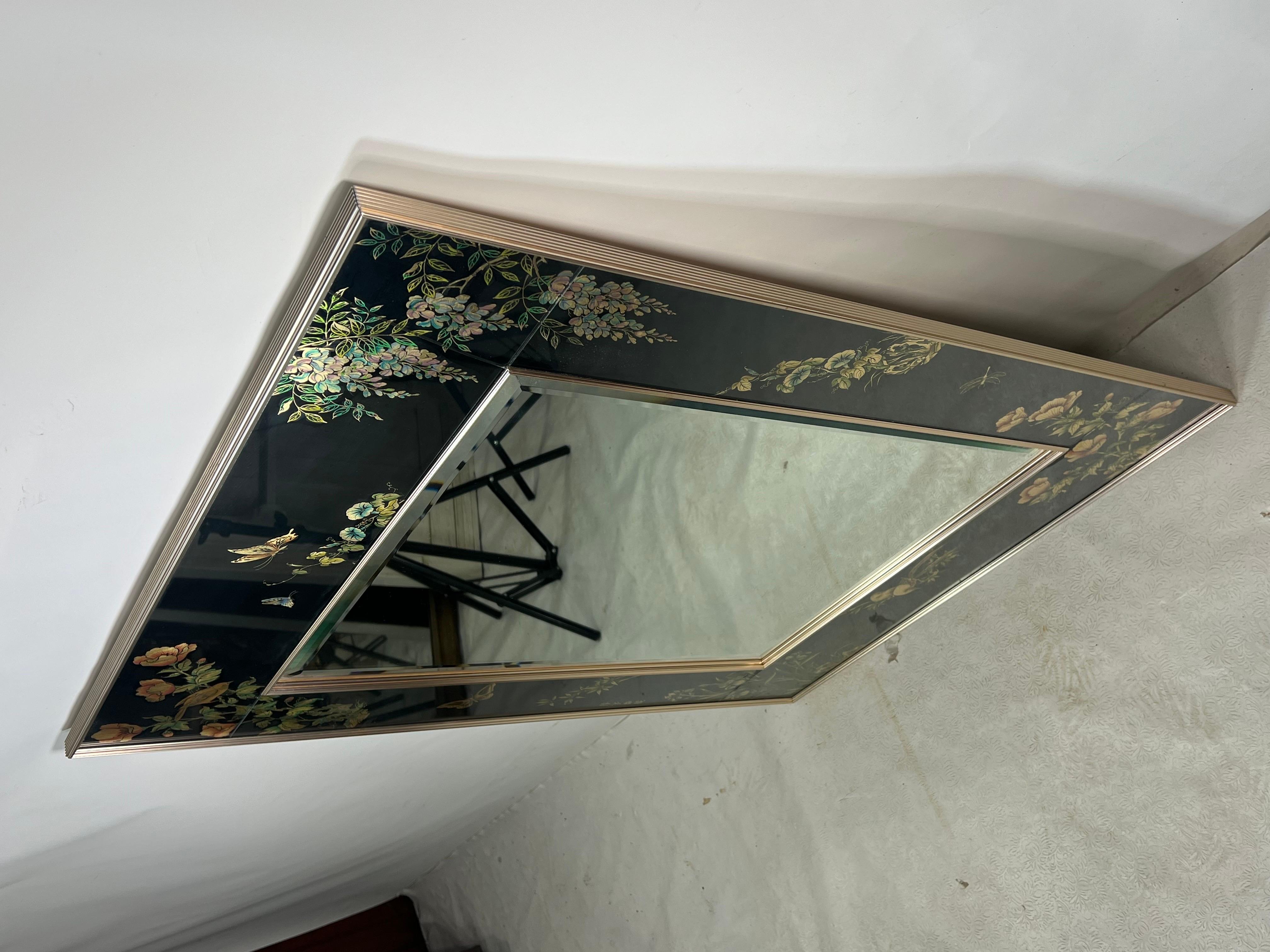 Labarge Signed Black Reverse Painted Chinoiserie Wall Mirror 1