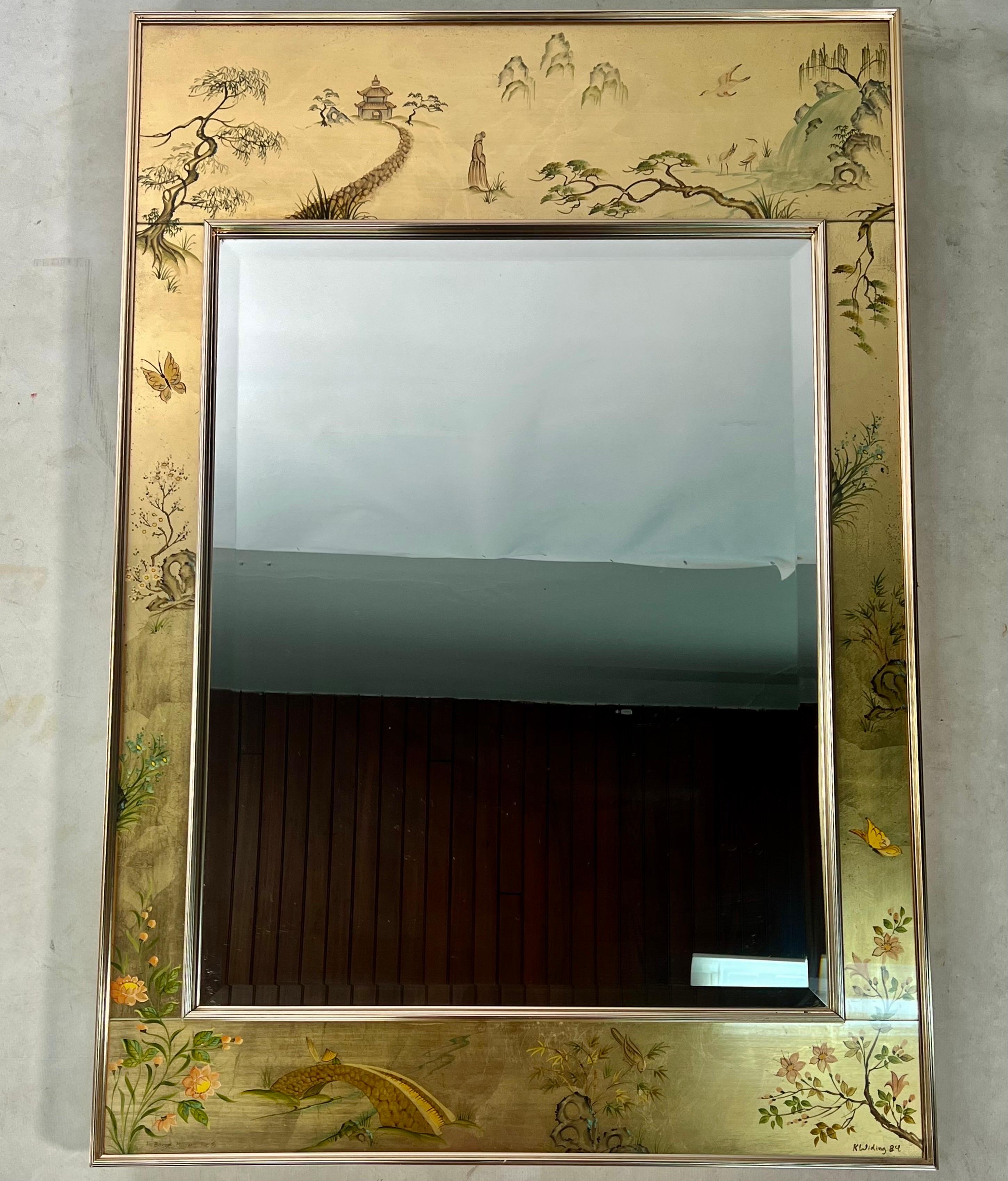 LaBarge signed gold reverse painted chinoiserie wall mirror. This is a absolutely gorgeous wall mirror. The mirror is signed and was made in 1984.