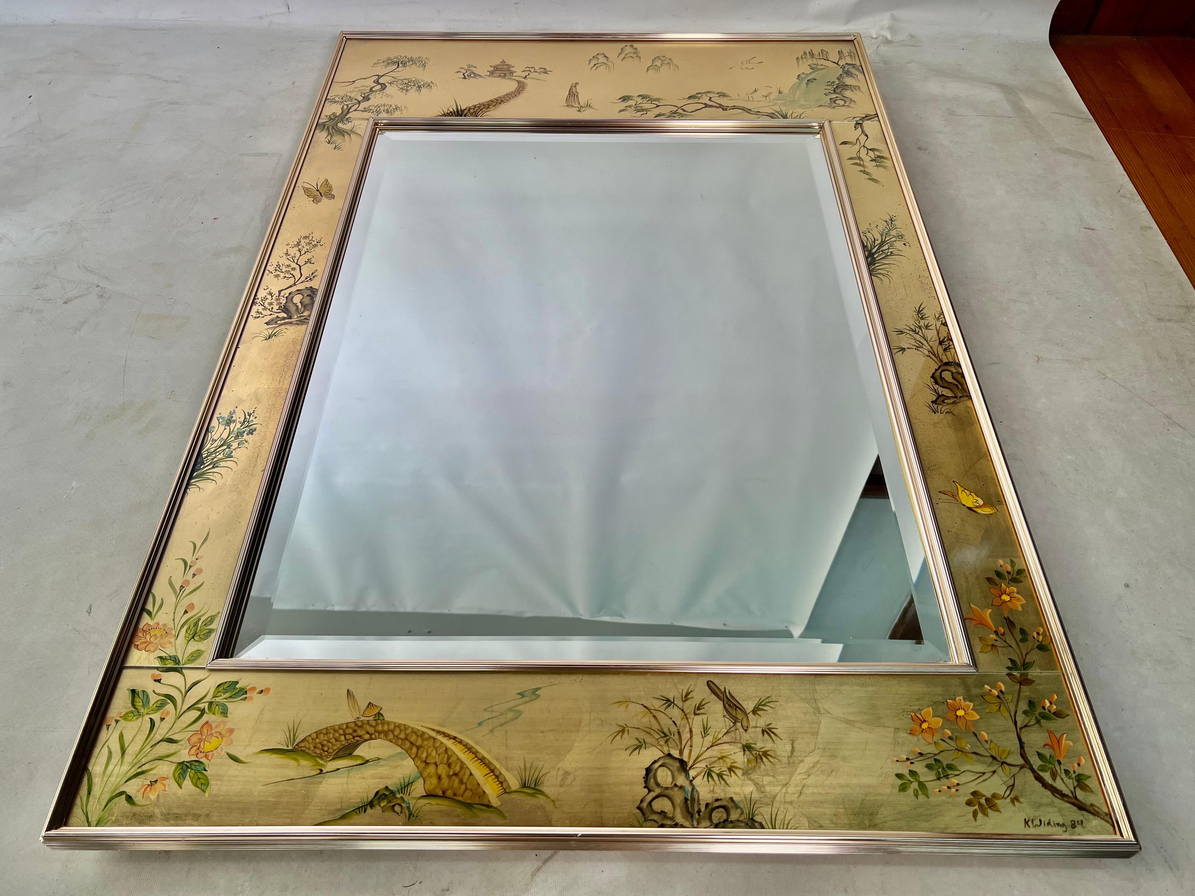 American Labarge Signed Gold Reverse Painted Chinoiserie Wall Mirror