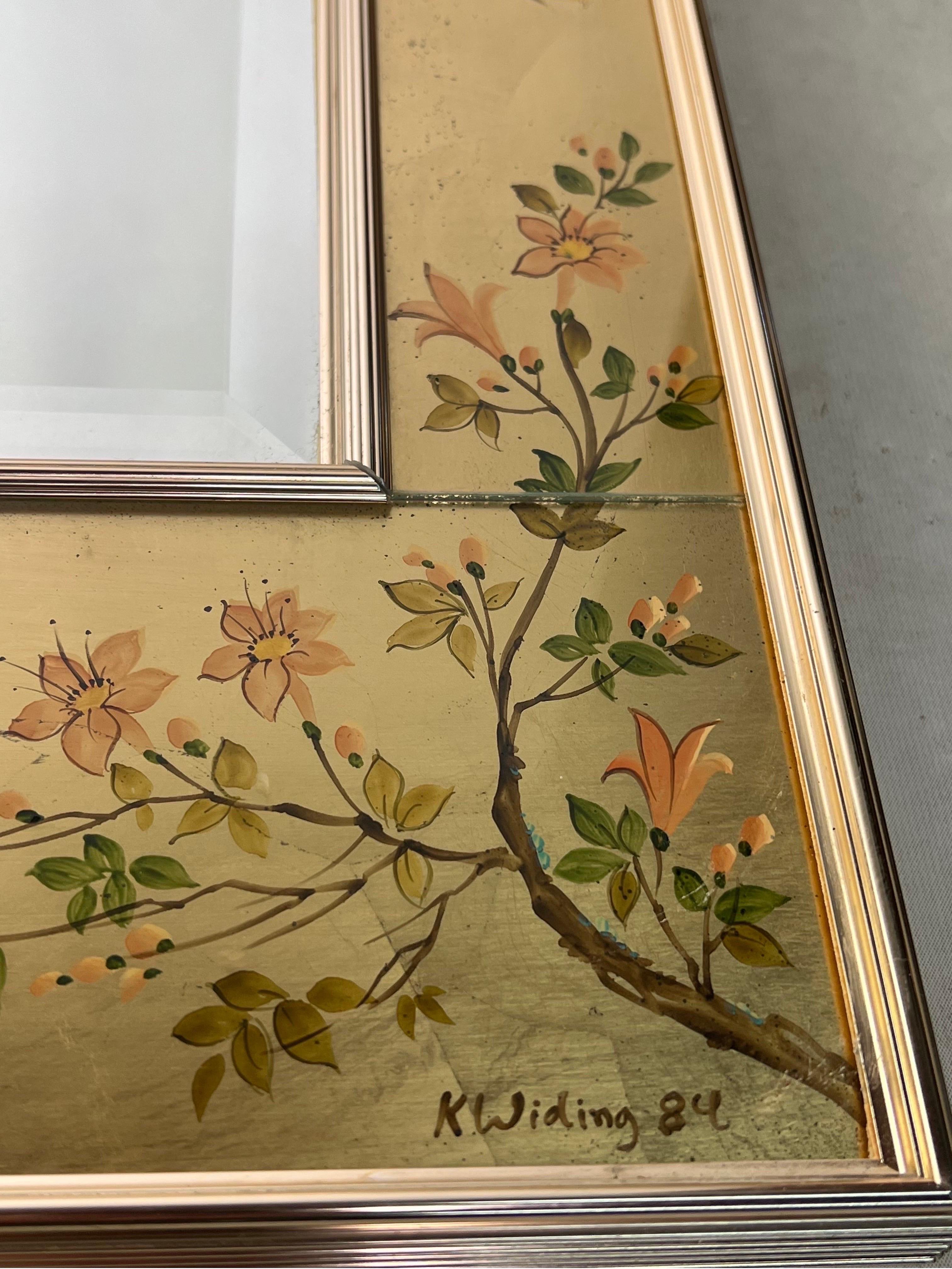 Glass Labarge Signed Gold Reverse Painted Chinoiserie Wall Mirror