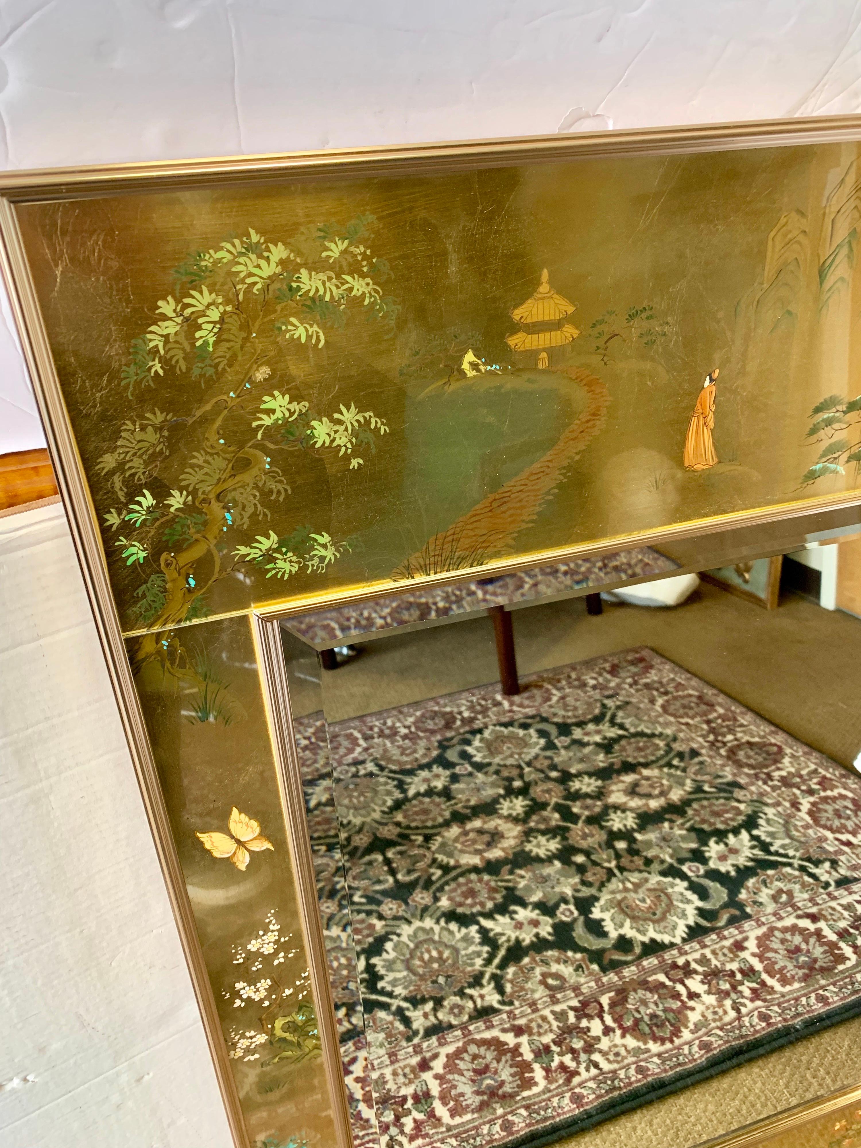 Chinoiserie LaBarge Signed Mirror Gold Leaf Eglomise Signed