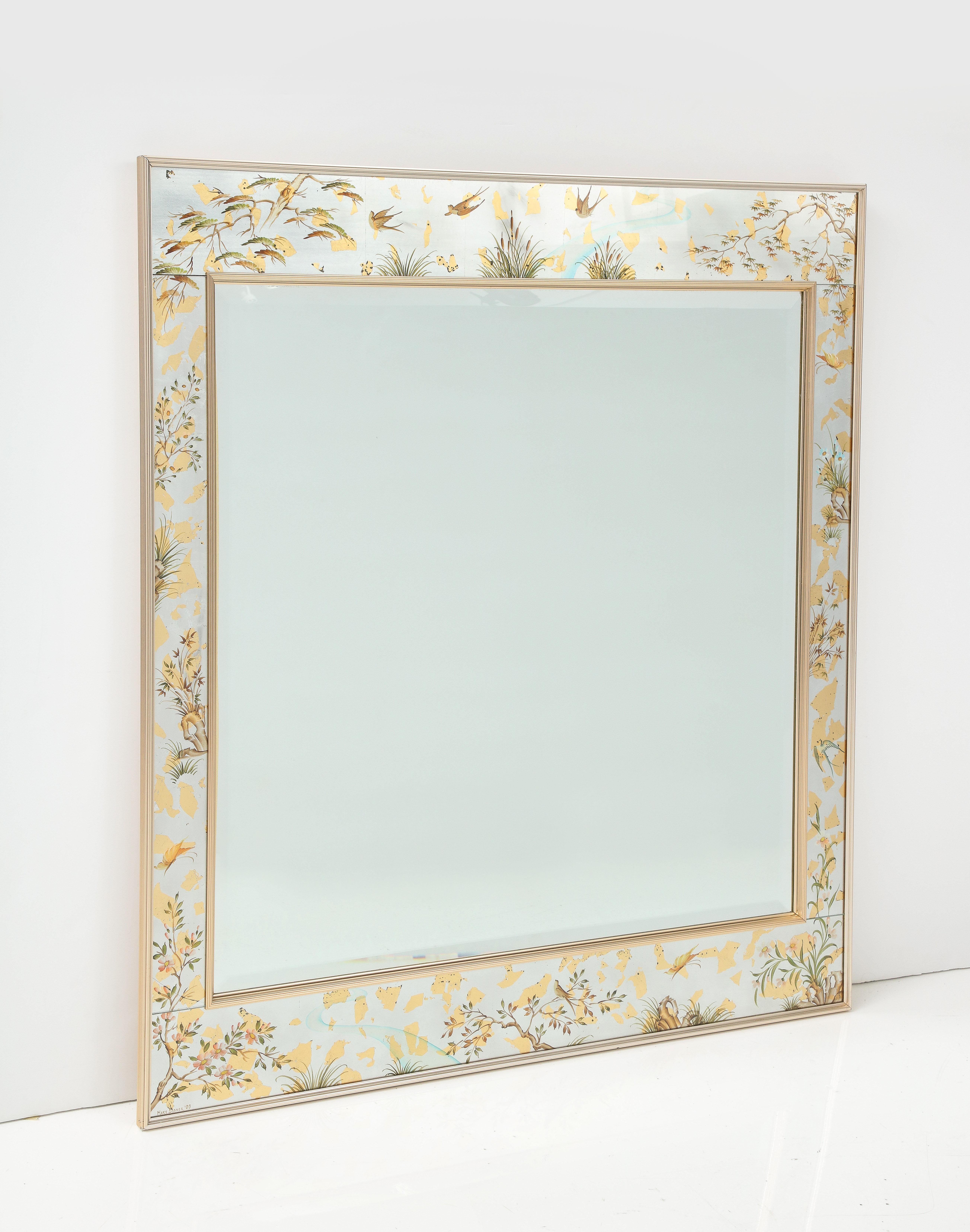 La Barge Chinoiserie, Floral eglomise border beveled mirror. Beveled Mirror surrounded by hand painted and silver leafed panels depicting various trees, plants and stylized birds.