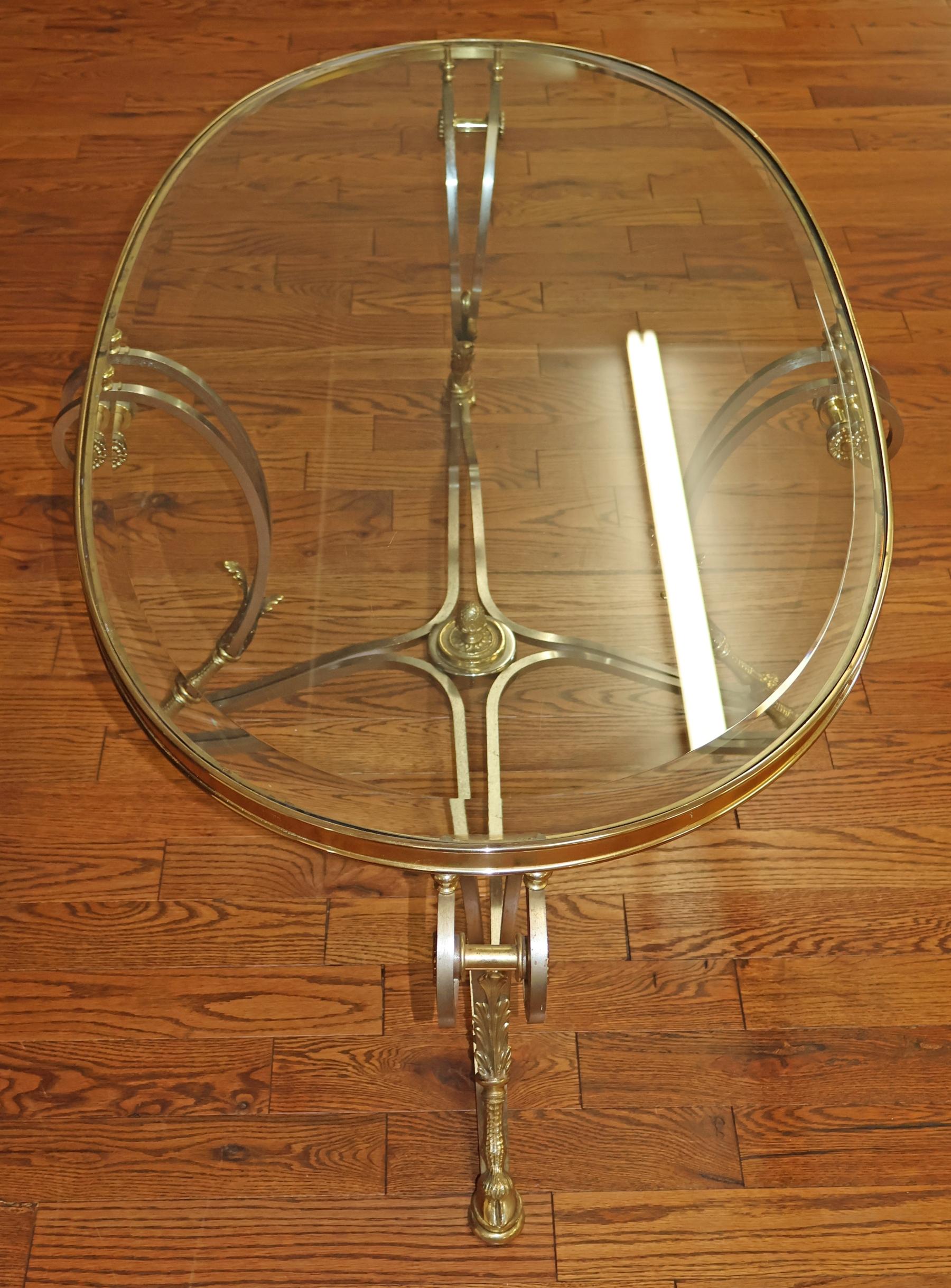 Labarge Steel And Brass Hollywood Regency Jansen Style Glass Top Coffee Table In Good Condition For Sale In Long Branch, NJ