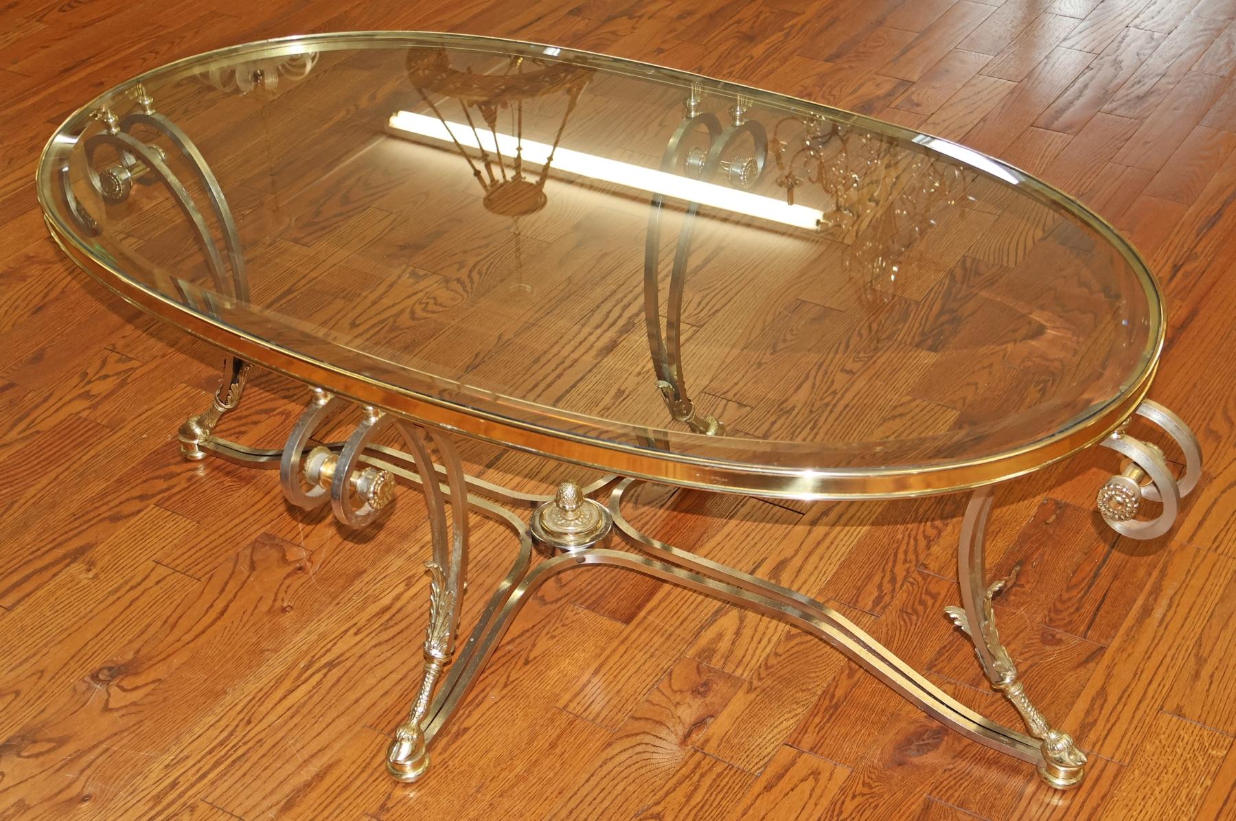 Late 20th Century Labarge Steel And Brass Hollywood Regency Jansen Style Glass Top Coffee Table For Sale