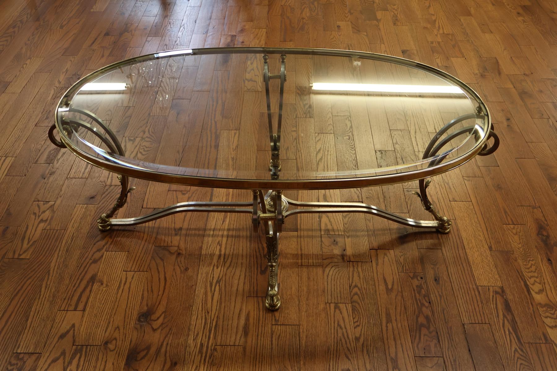 Labarge Steel And Brass Hollywood Regency Jansen Style Glass Top Coffee Table For Sale 1