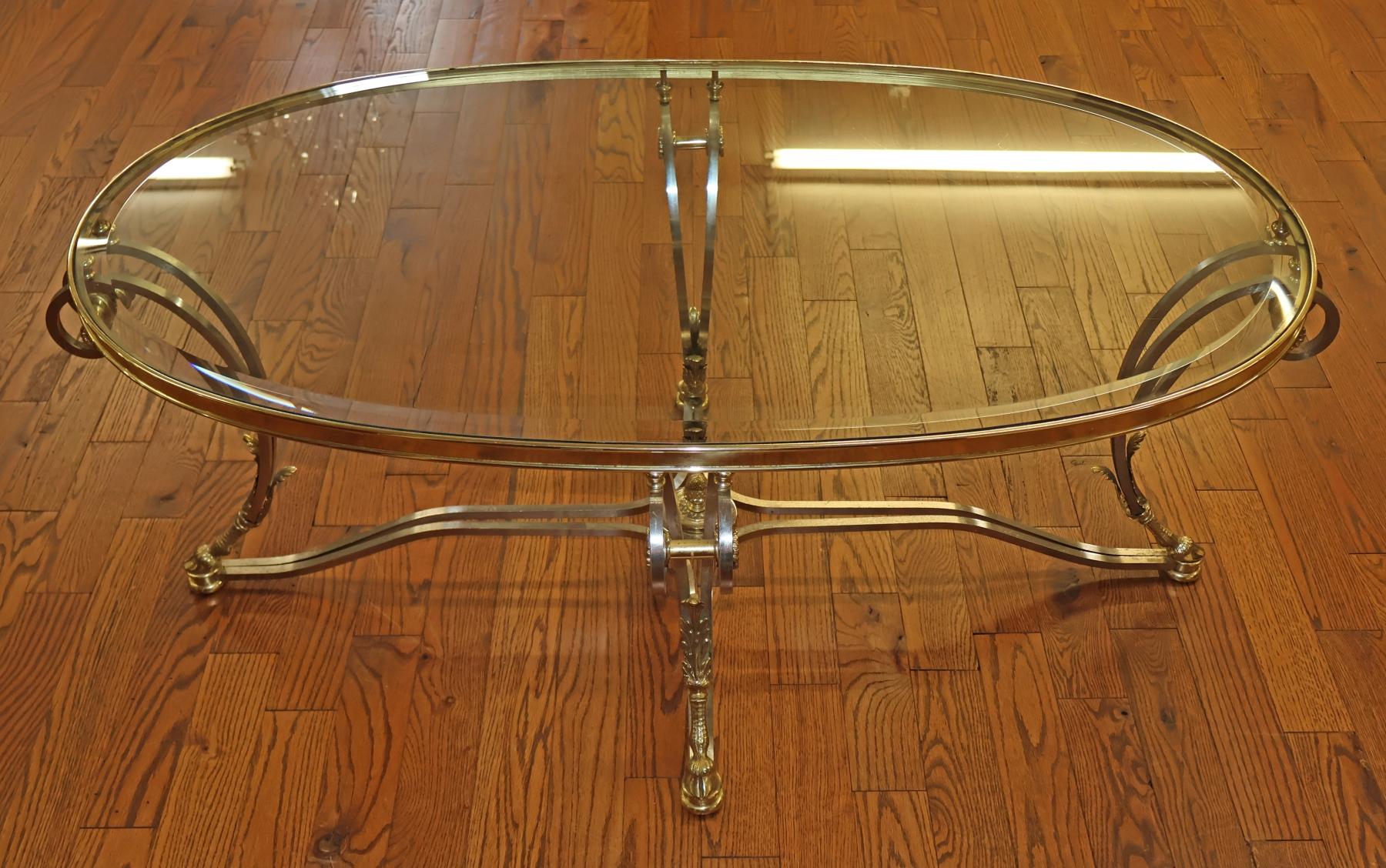 Labarge Steel And Brass Hollywood Regency Jansen Style Glass Top Coffee Table For Sale 2