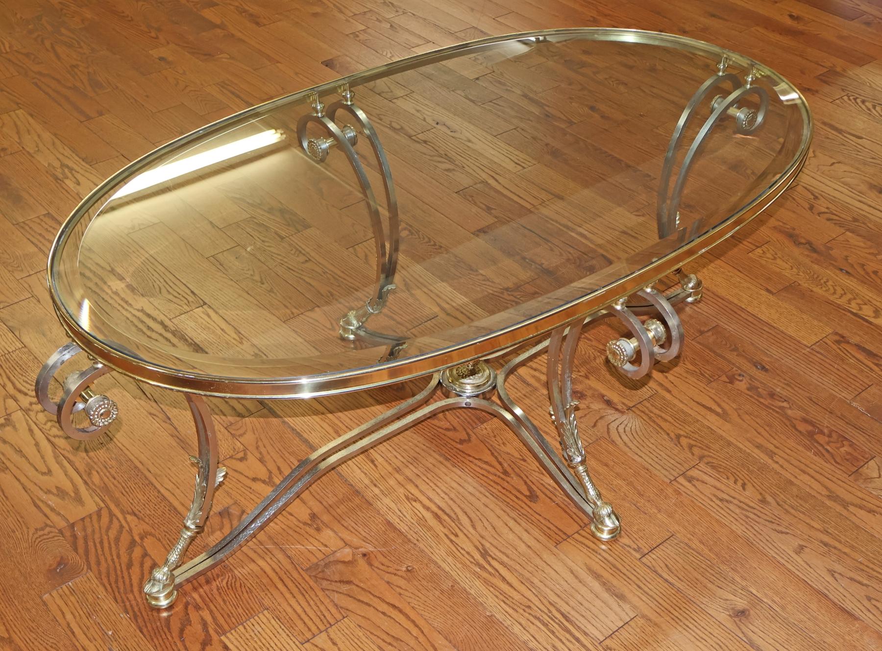 Labarge Steel And Brass Hollywood Regency Jansen Style Glass Top Coffee Table For Sale 3