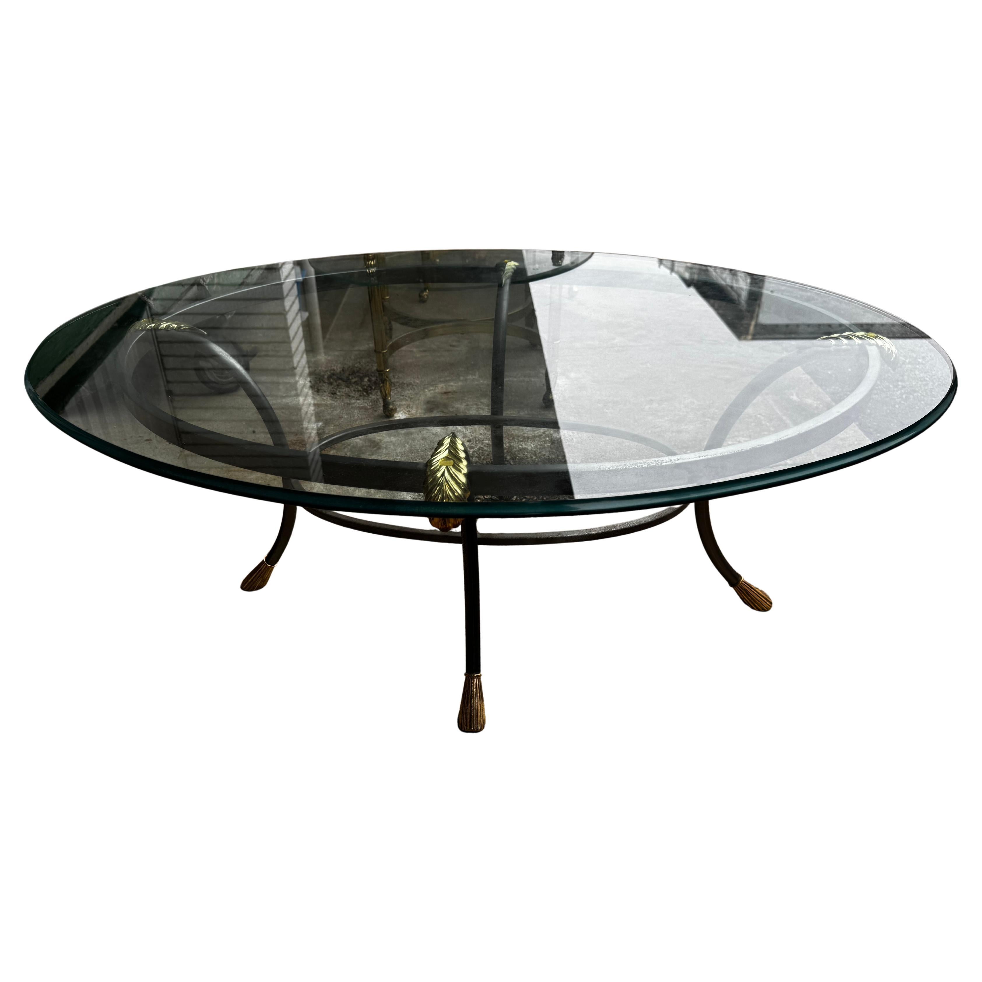 LaBarge Style Steel with Brass Accents and Glass Oval Coffee Table Table For Sale