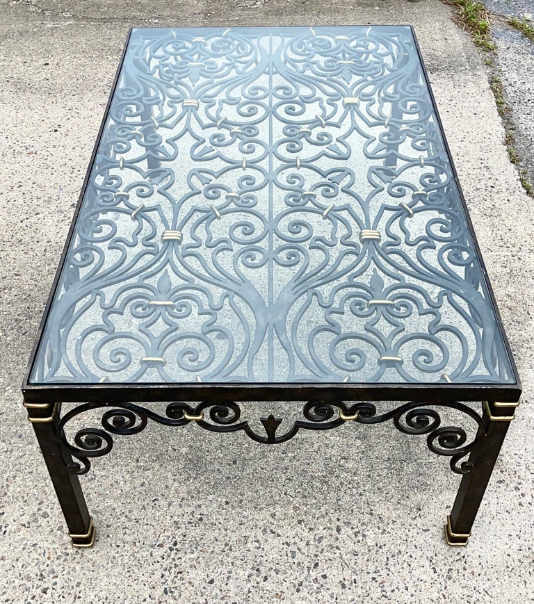Cast LaBarge Wrought Iron, Brass & Glass Cocktail Table For Sale
