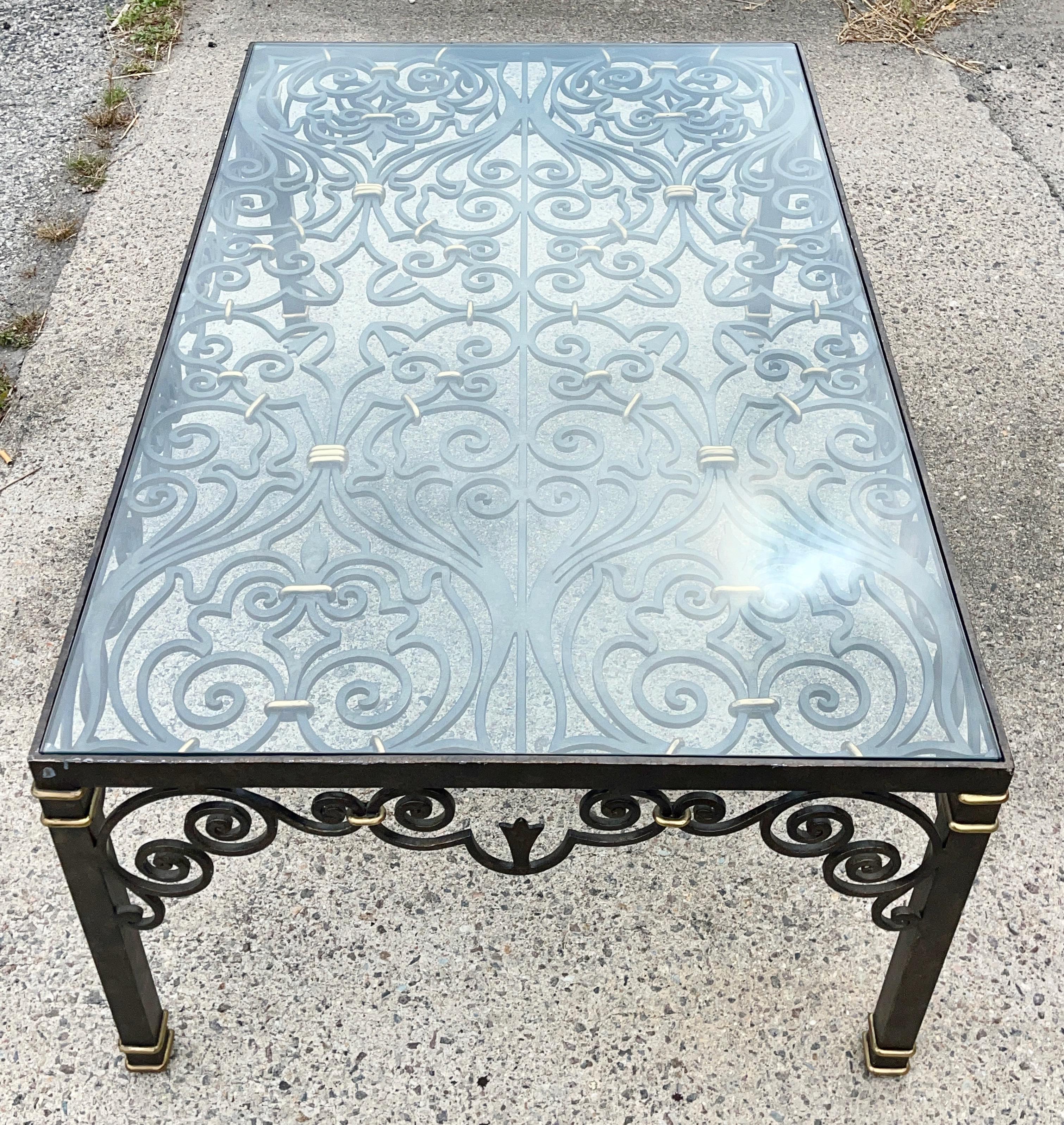 LaBarge Wrought Iron, Brass & Glass Cocktail Table In Good Condition For Sale In Hanover, MA