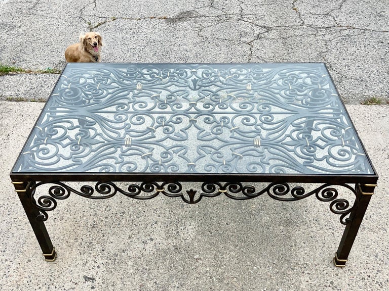 Late 20th Century LaBarge Wrought Iron, Brass & Glass Cocktail Table For Sale