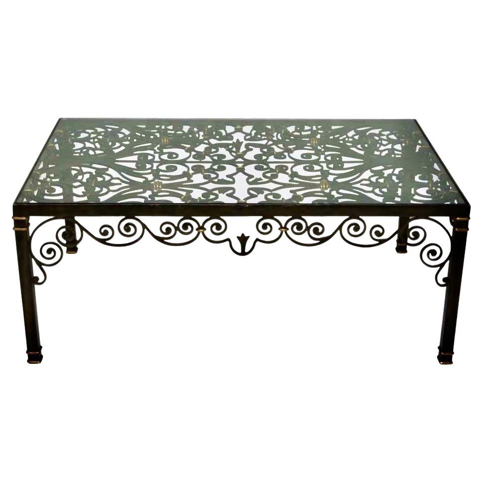 LaBarge Wrought Iron, Brass & Glass Cocktail Table For Sale
