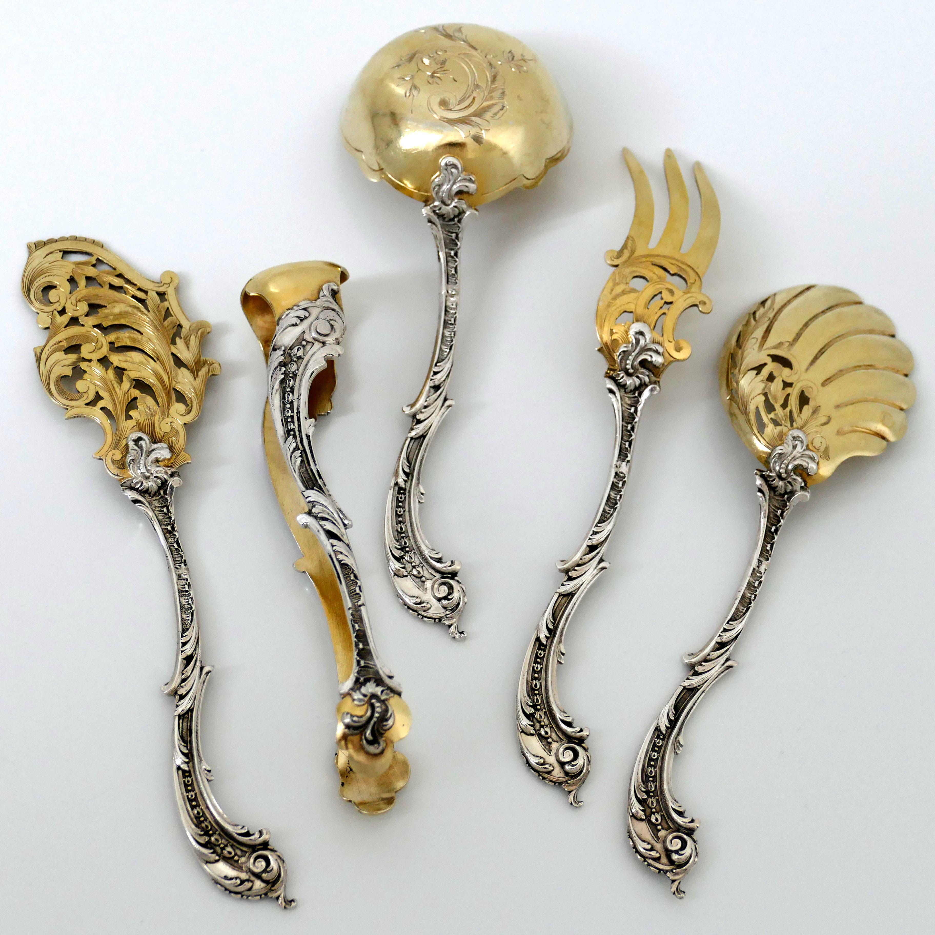 Französisches Asymmetrisches Dessert-Set aus 18 Karat Gold und Sterlingsilber von Labat, Asymmetrisches Rokoko 7