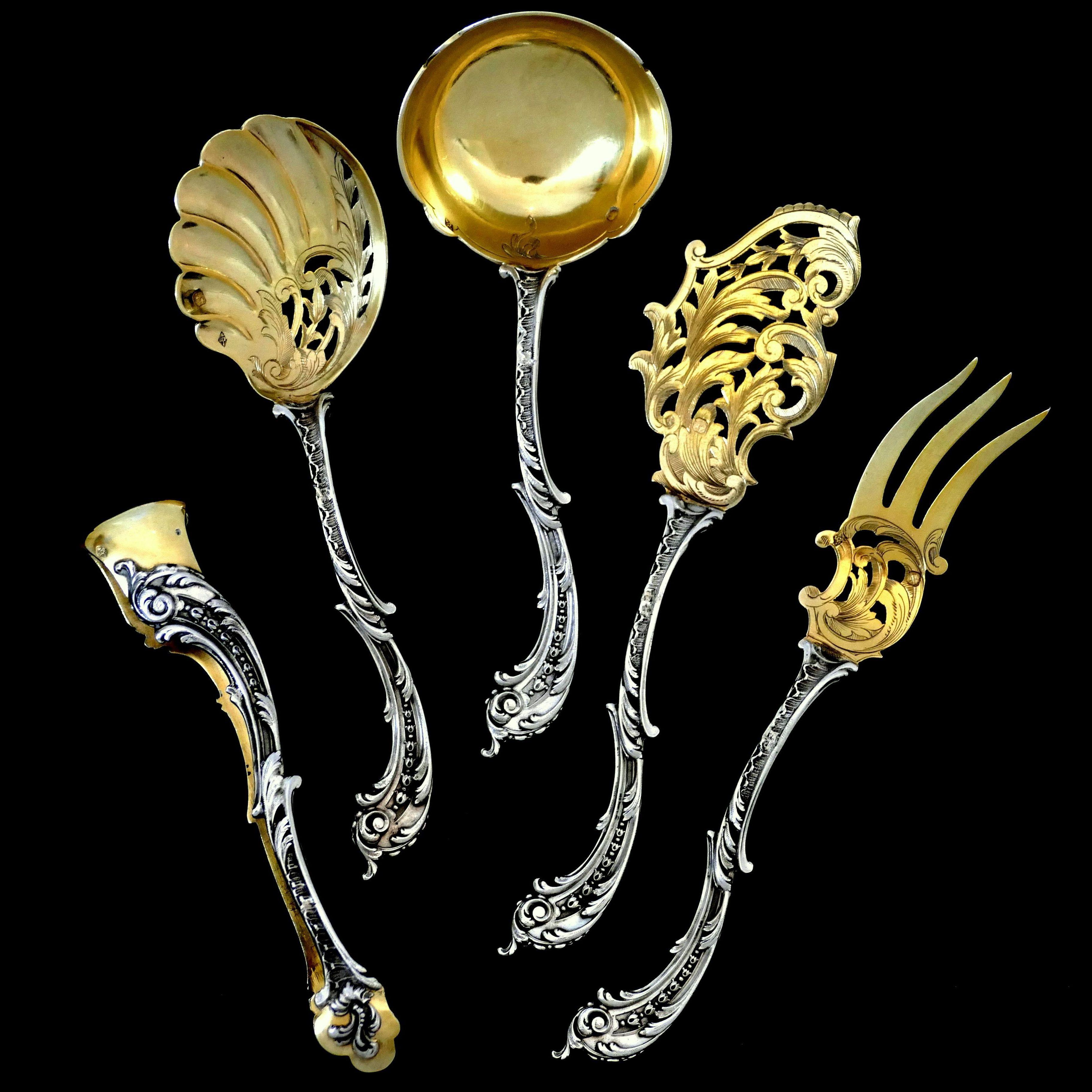 Late 19th Century Labat French All Sterling Silver 18-Karat Gold Dessert Set Asymmetrical Rococo