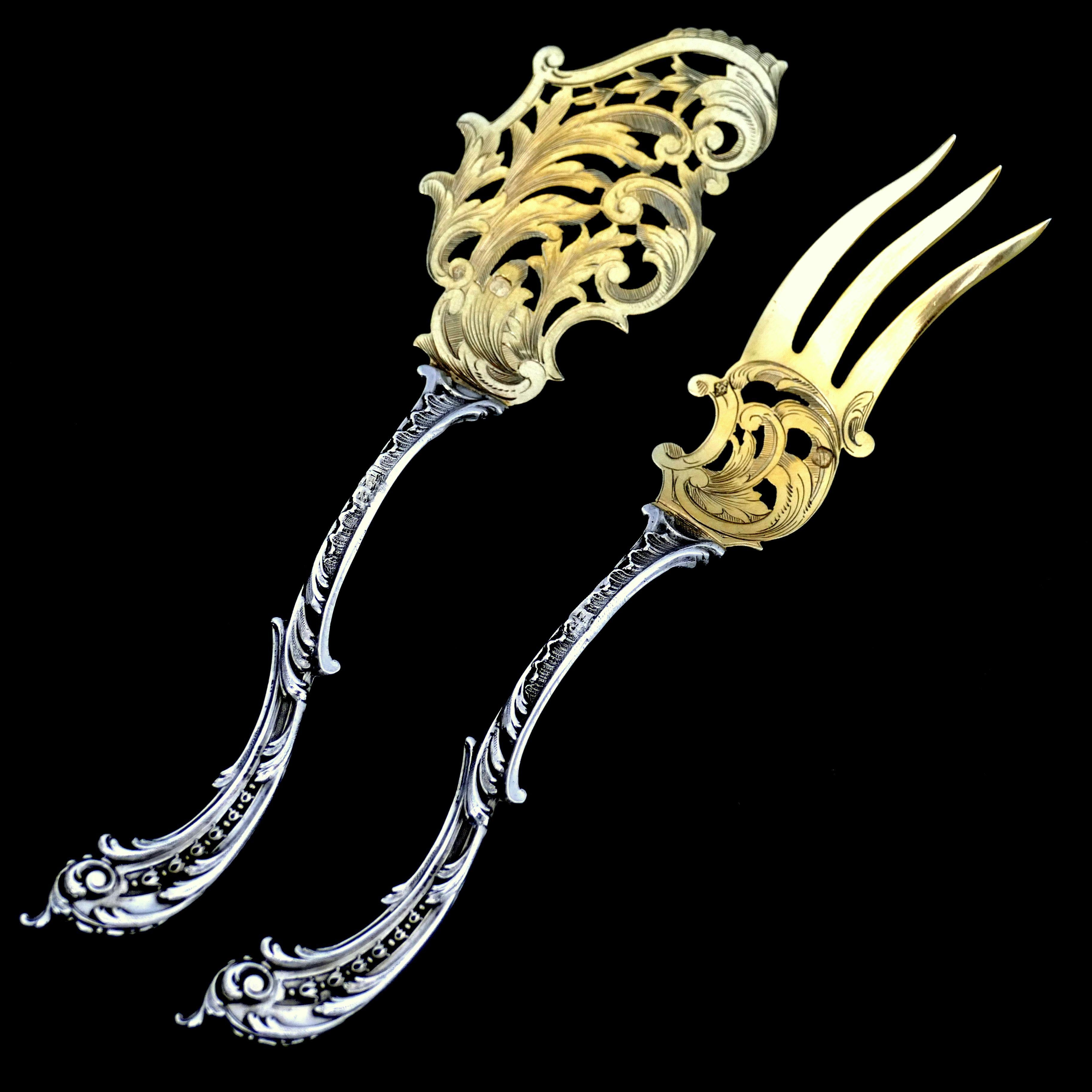 Französisches Asymmetrisches Dessert-Set aus 18 Karat Gold und Sterlingsilber von Labat, Asymmetrisches Rokoko 3
