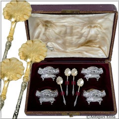 Labat French Sterling Silver 18-Karat Gold Four Salt Cellars, Spoons, Box