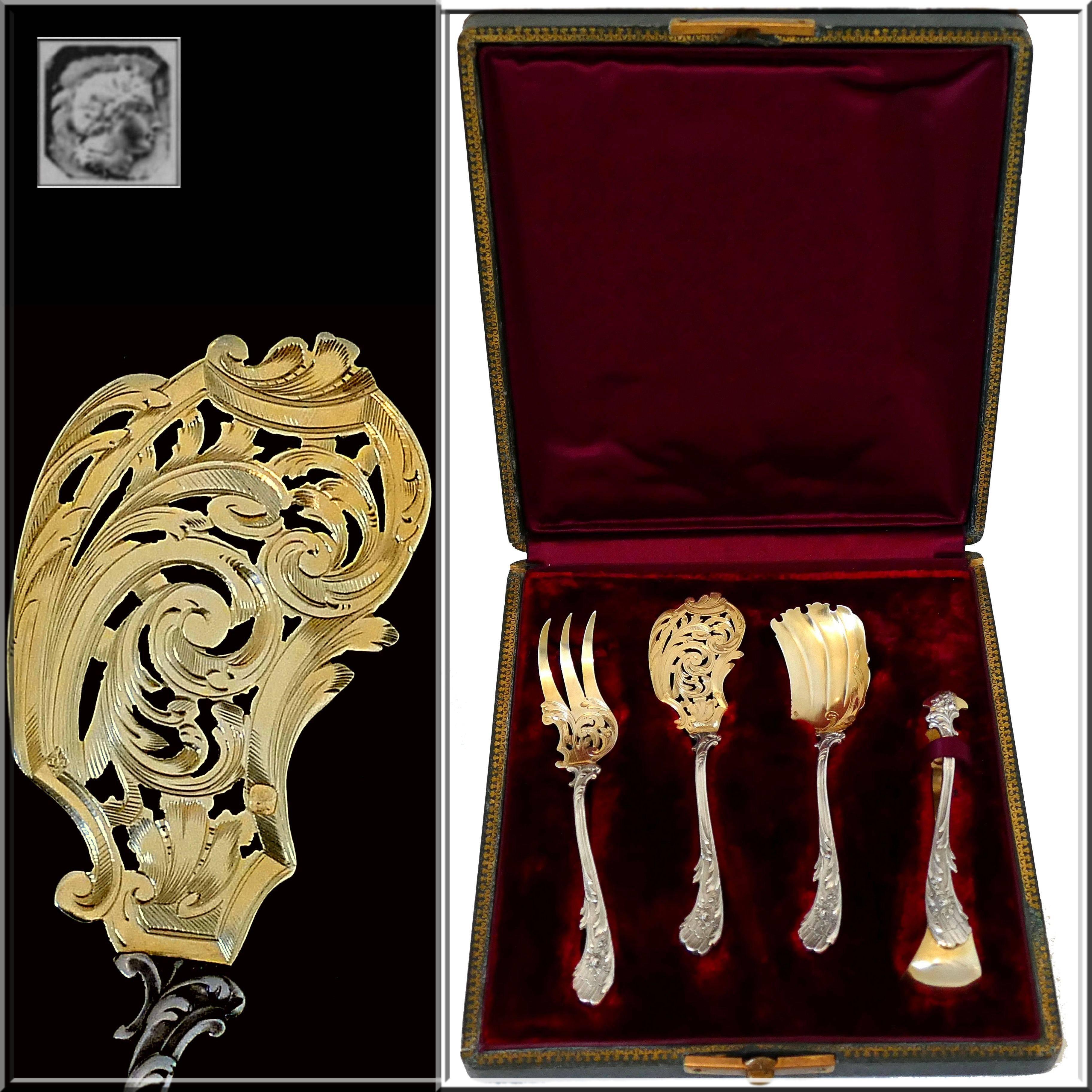 Late 19th Century Labat French Sterling Silver 18-Karat Gold Hors D'oeuvre Dessert Set 4 Pc Box