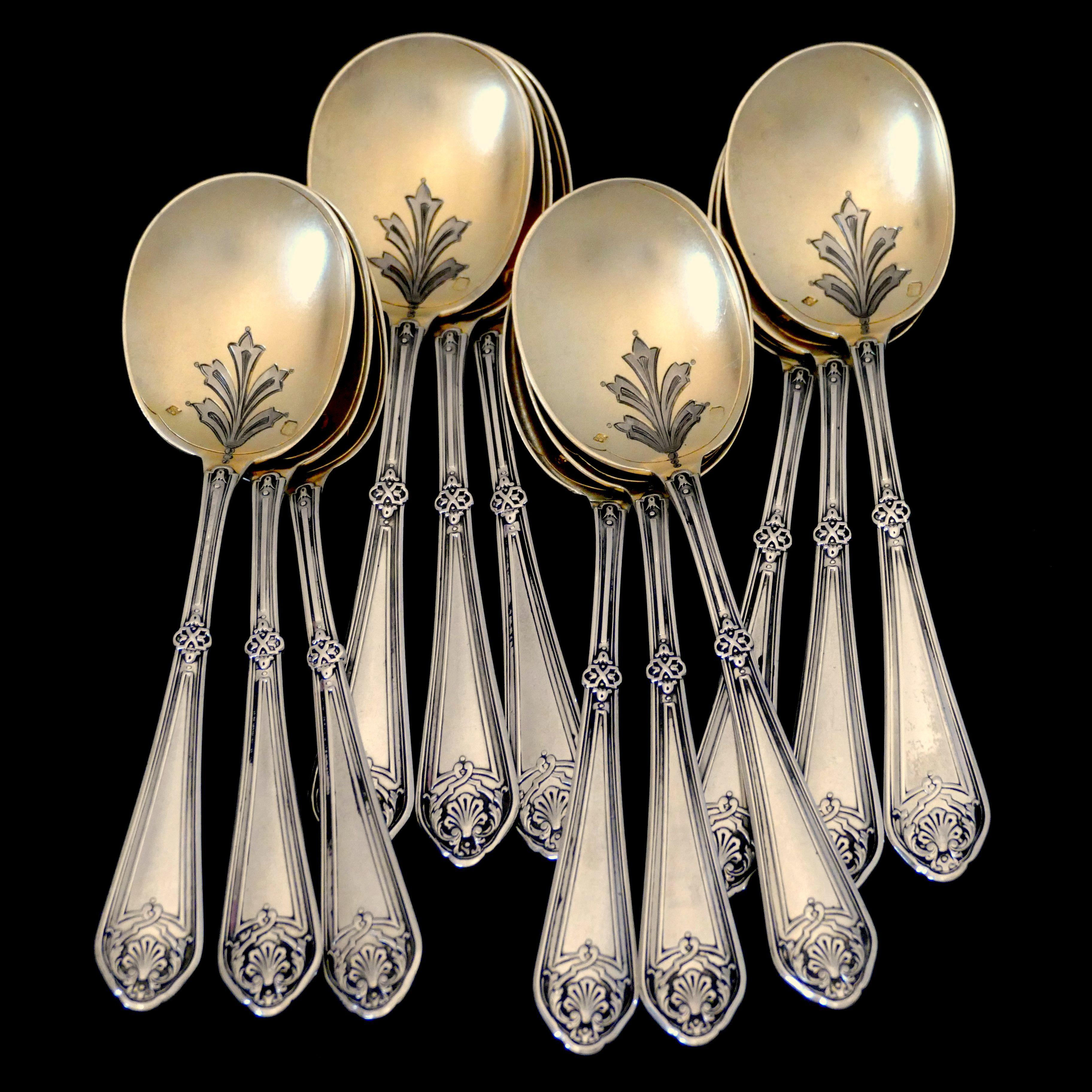 Labat French Sterling Silver 18k Gold Ice Cream Spoons Set 12 Pc, Original Box 4