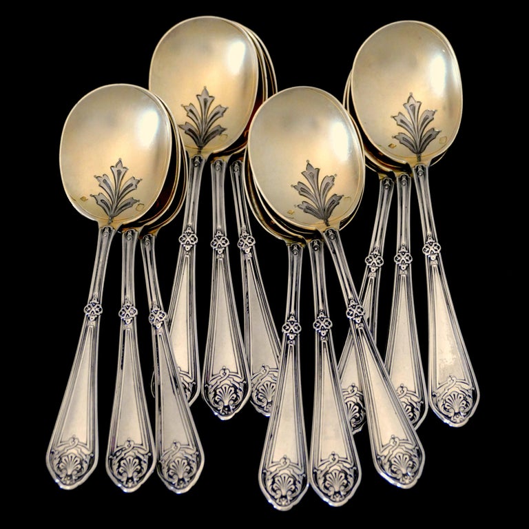 Labat French Sterling Silver 18k Gold Ice Cream Spoons Set 12 Pc, Original Box at 1stDibs