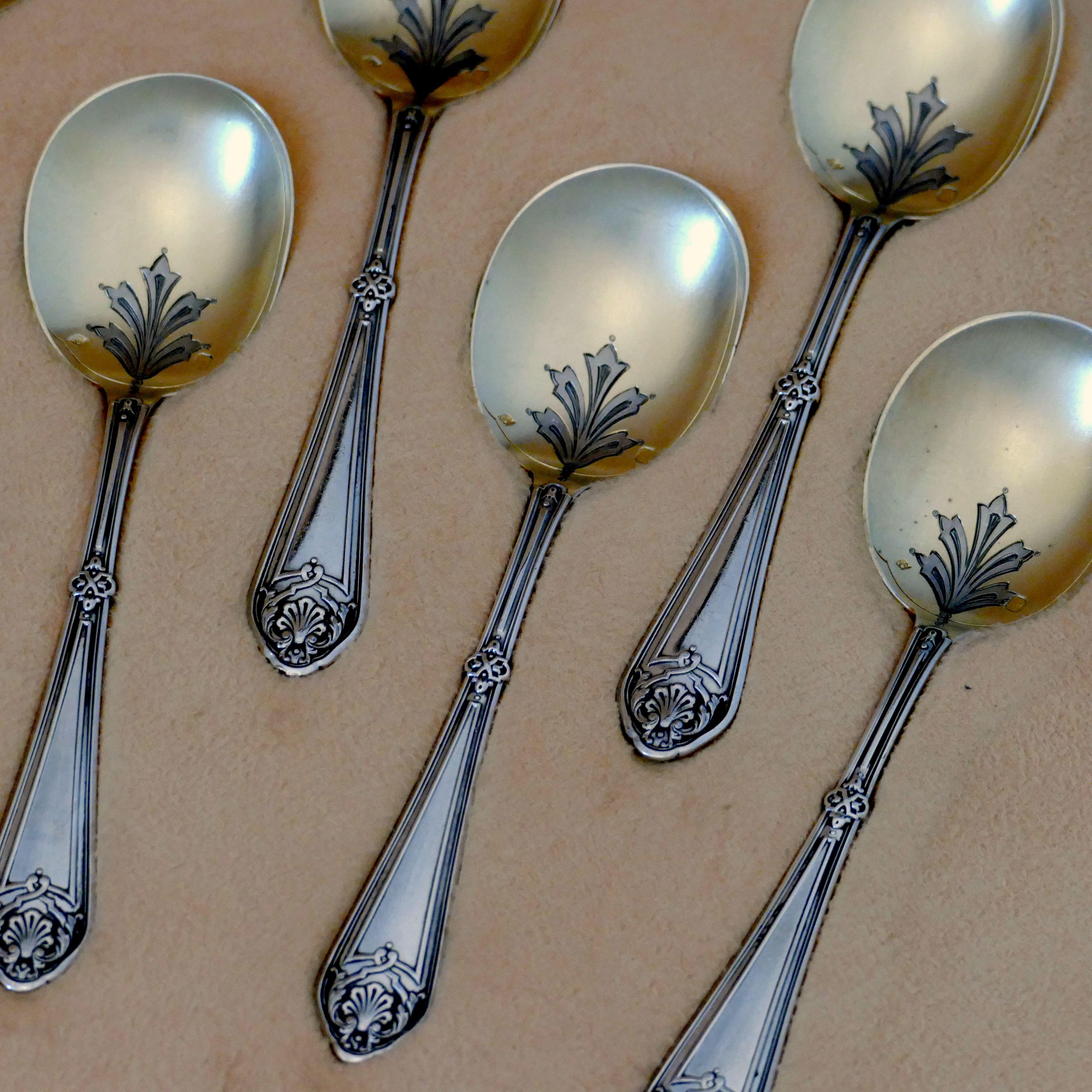 Labat French Sterling Silver 18k Gold Ice Cream Spoons Set 12 Pc, Original Box 5