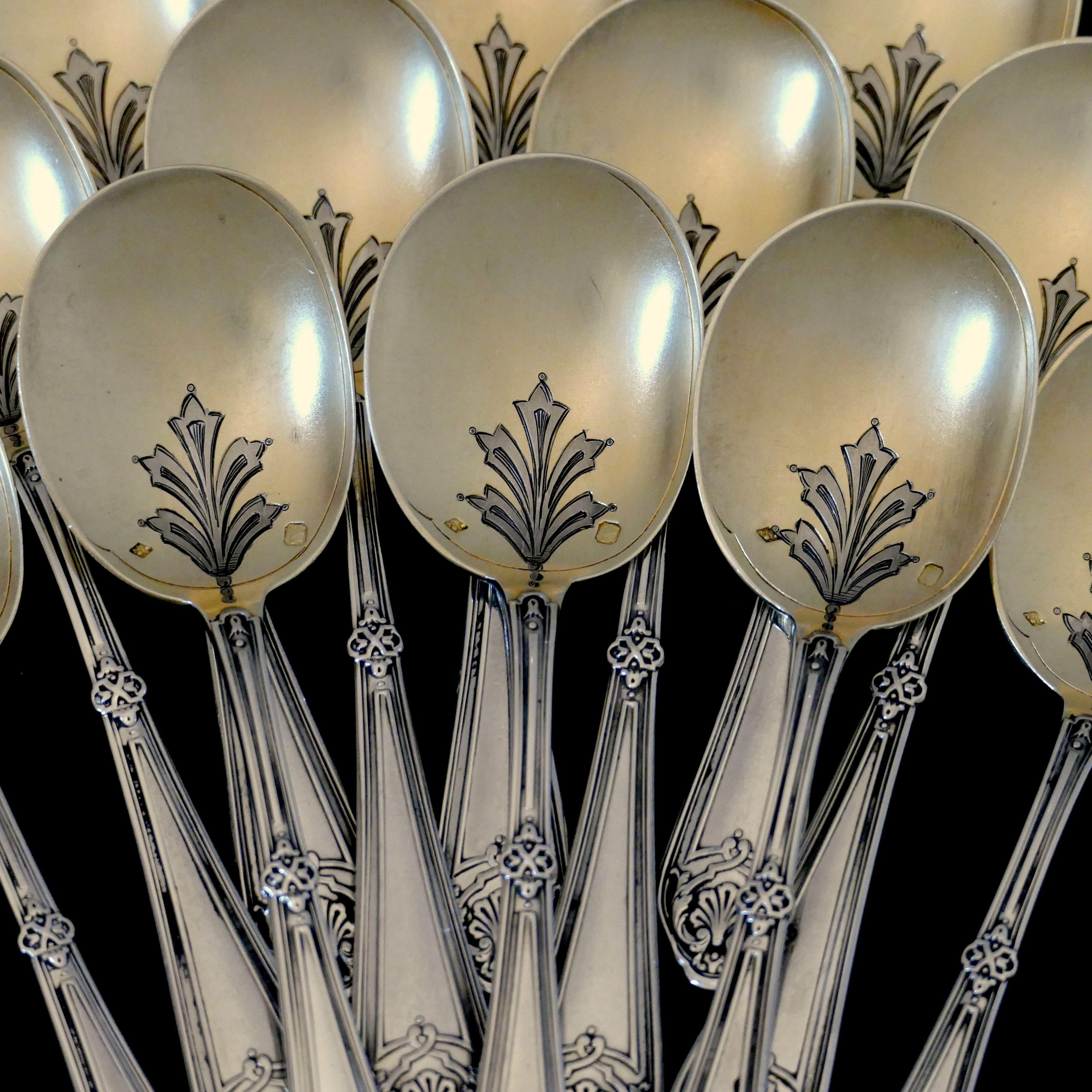 Art Deco Labat French Sterling Silver 18k Gold Ice Cream Spoons Set 12 Pc, Original Box