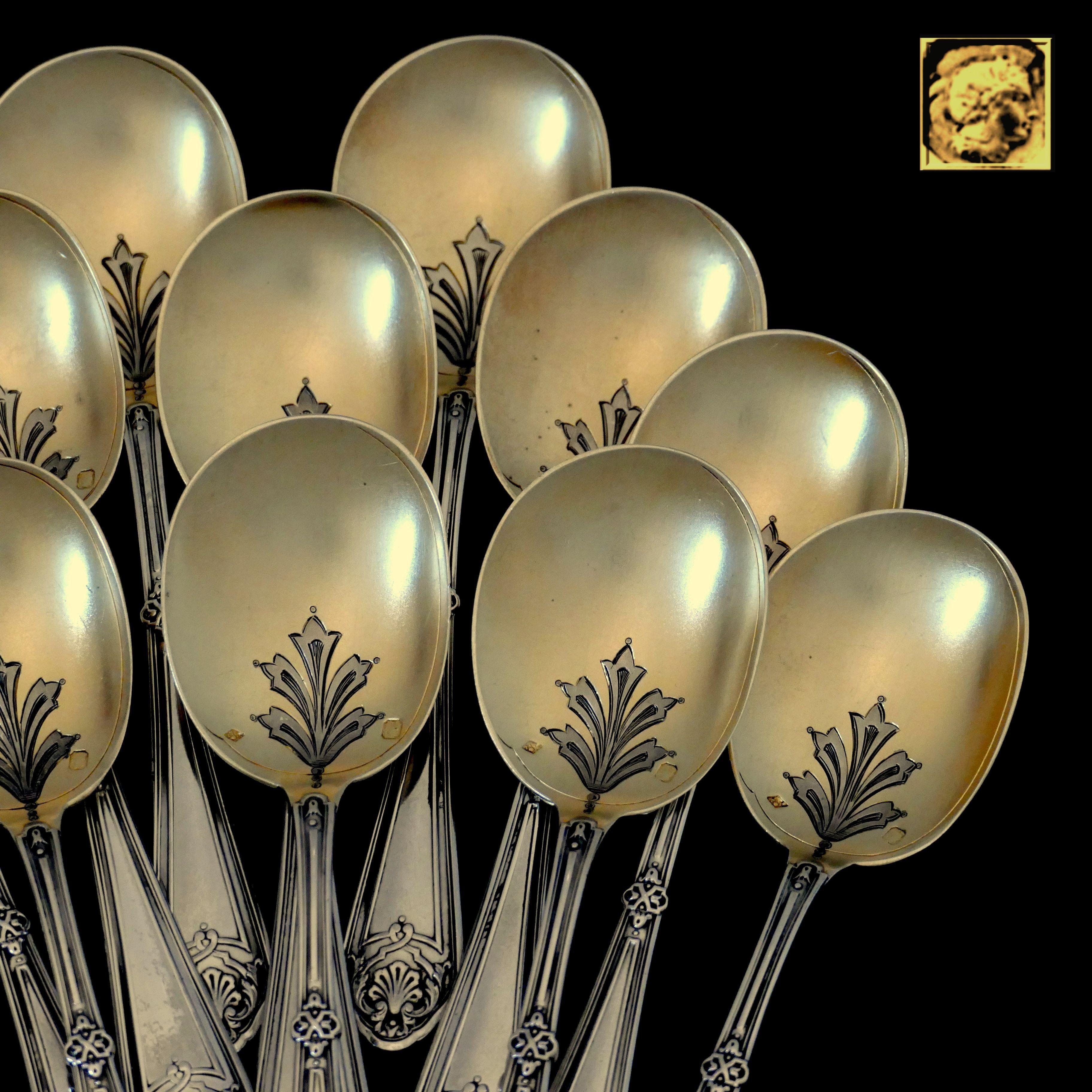 Early 20th Century Labat French Sterling Silver 18k Gold Ice Cream Spoons Set 12 Pc, Original Box