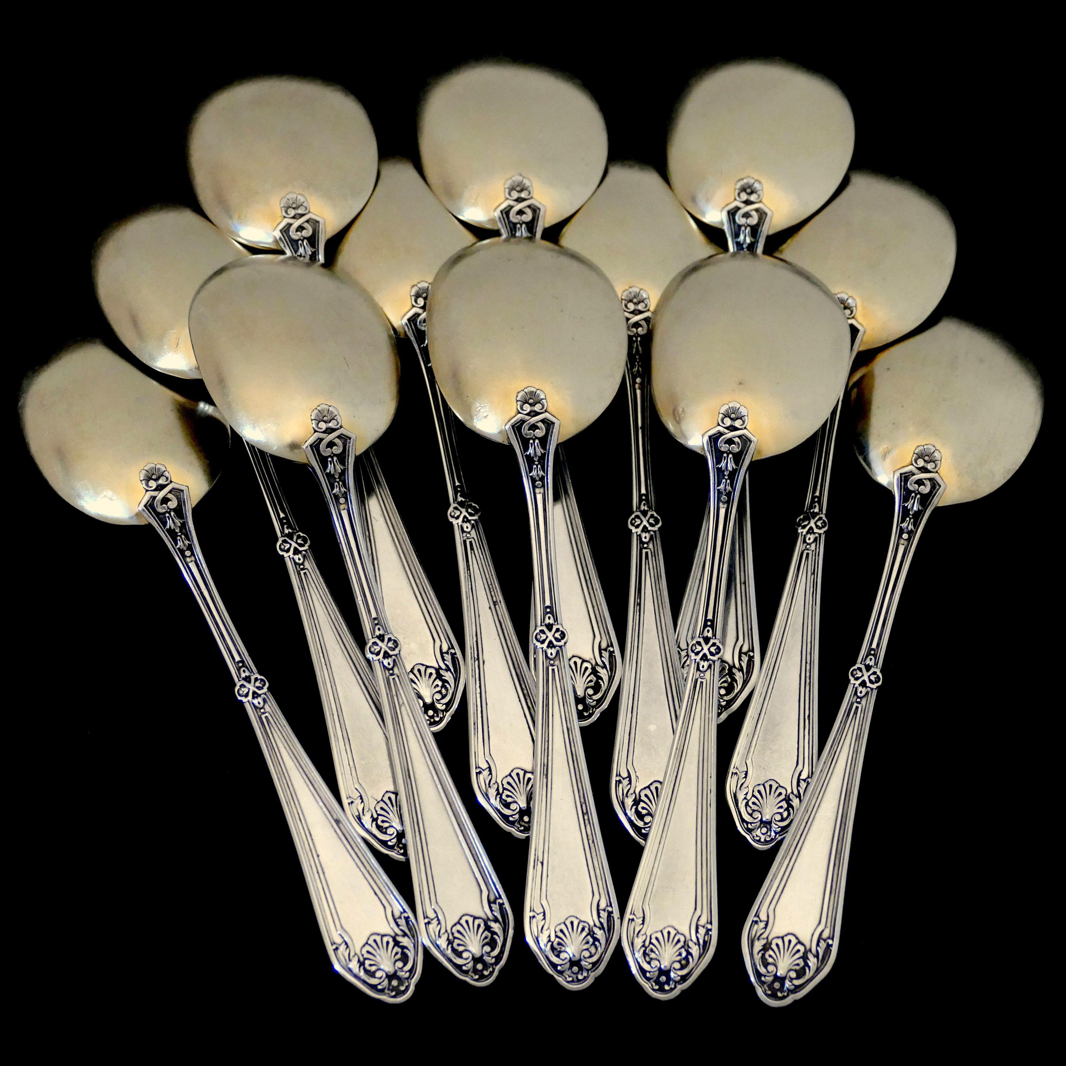 Labat French Sterling Silver 18k Gold Ice Cream Spoons Set 12 Pc, Original Box 2