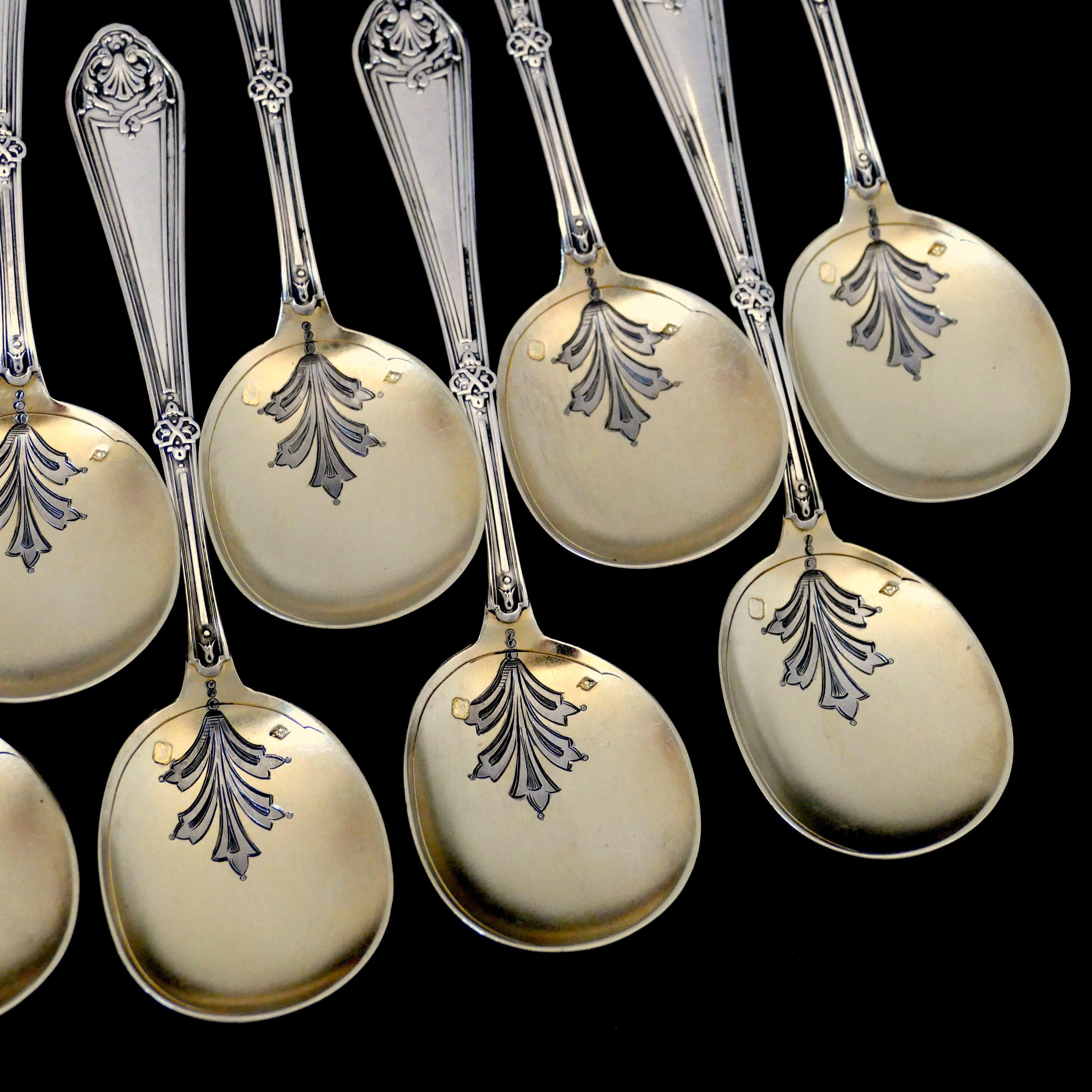 Labat French Sterling Silver 18k Gold Ice Cream Spoons Set 12 Pc, Original Box 3
