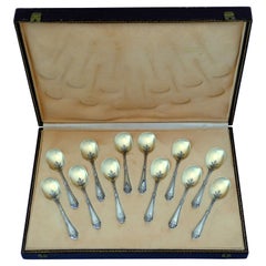 Antique Labat French Sterling Silver 18k Gold Ice Cream Spoons Set 12 Pc, Original Box