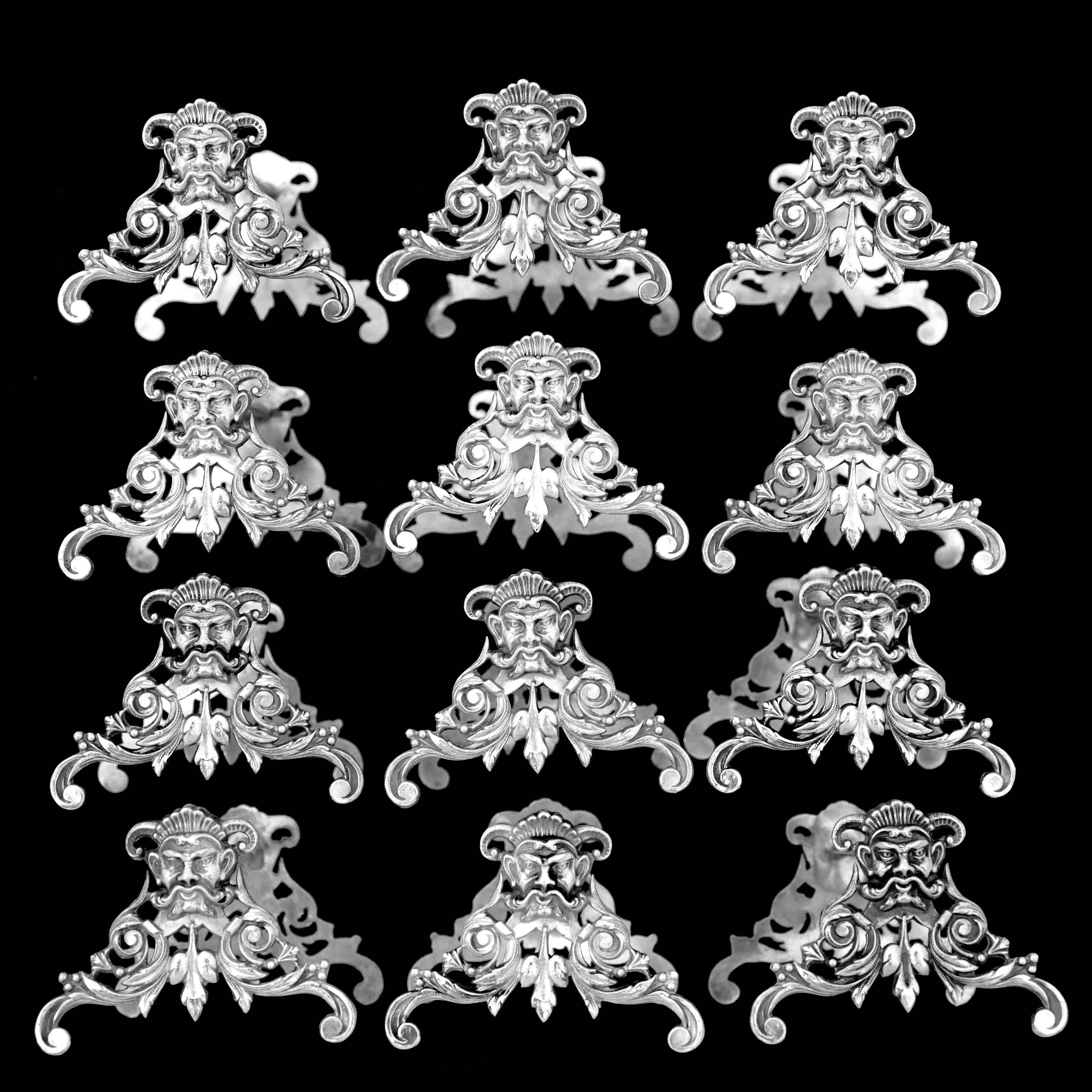 Labat Rare French All Sterling Silver Knife Rests Set of 12 Pieces, Mascaron 1