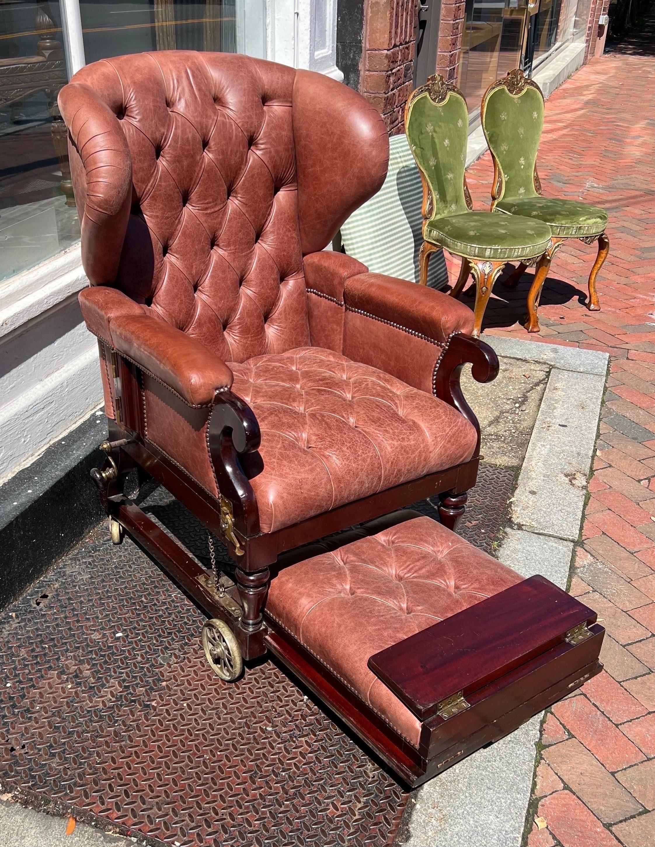 Labeled 19th Century London Made Reclining Mechanical Library Chair on Castors For Sale 3