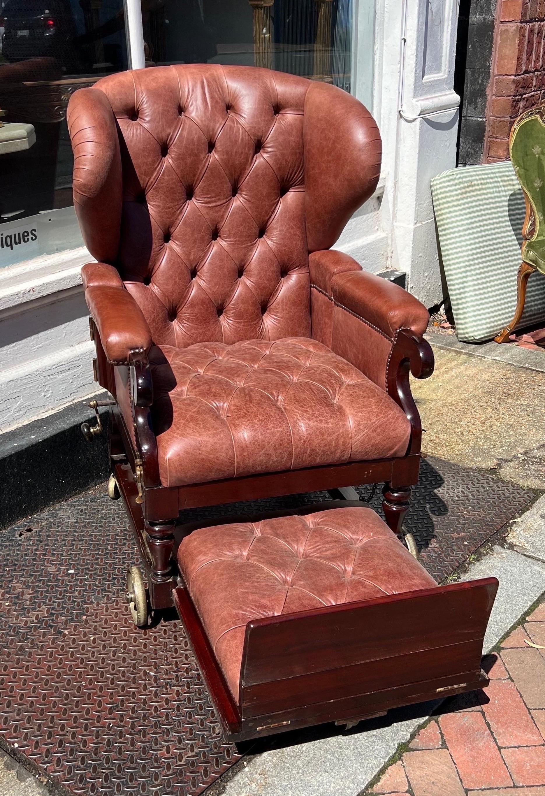 Labeled 19th Century London Made Reclining Mechanical Library Chair on Castors For Sale 6