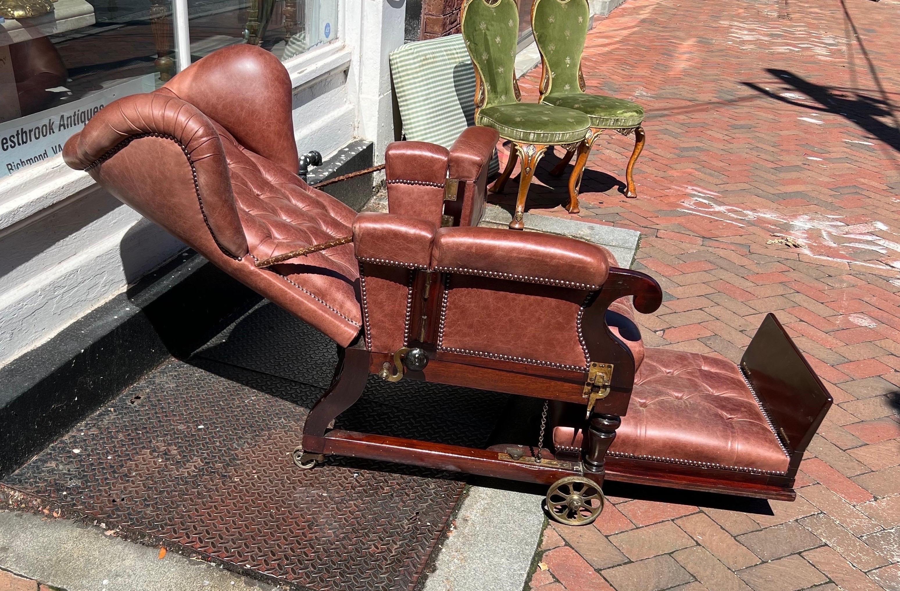 Labeled 19th Century London Made Reclining Mechanical Library Chair on Castors For Sale 7