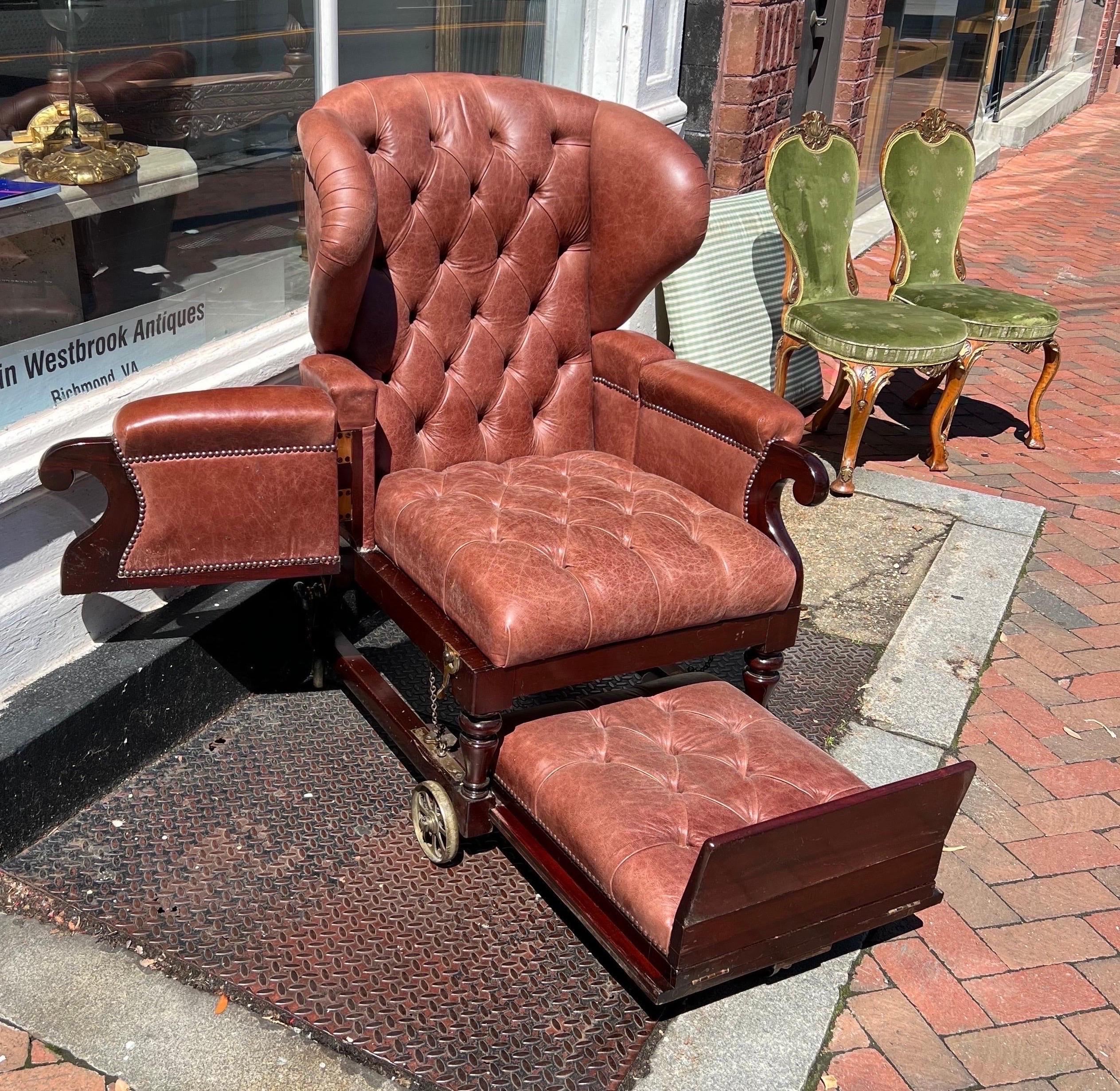William IV Labeled 19th Century London Made Reclining Mechanical Library Chair on Castors For Sale
