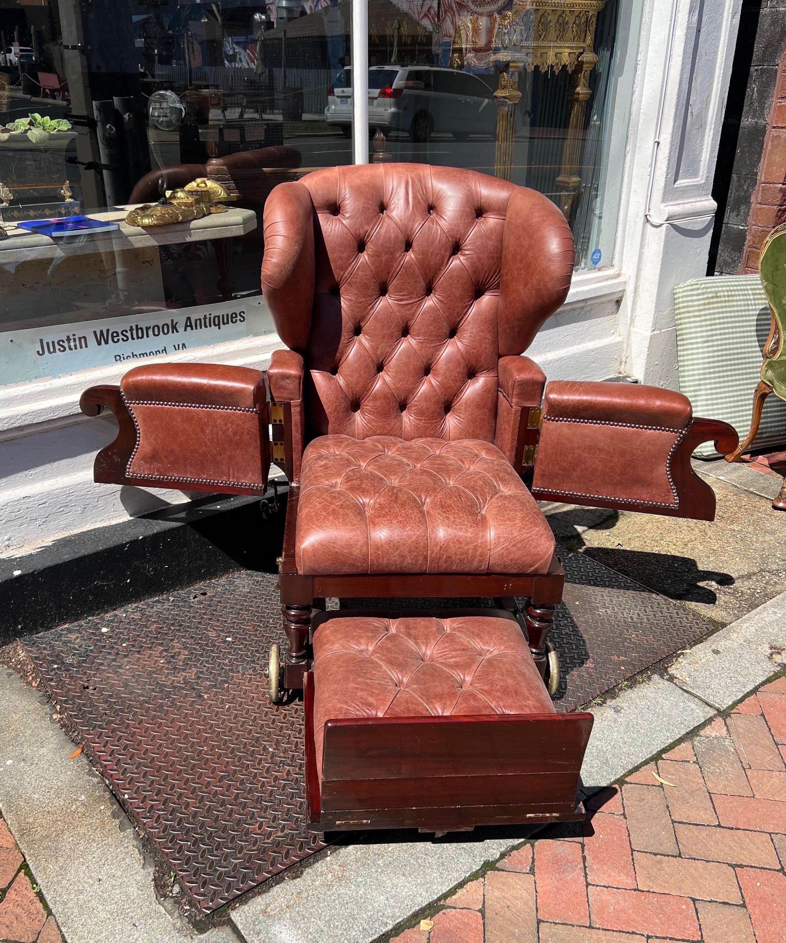 English Labeled 19th Century London Made Reclining Mechanical Library Chair on Castors For Sale
