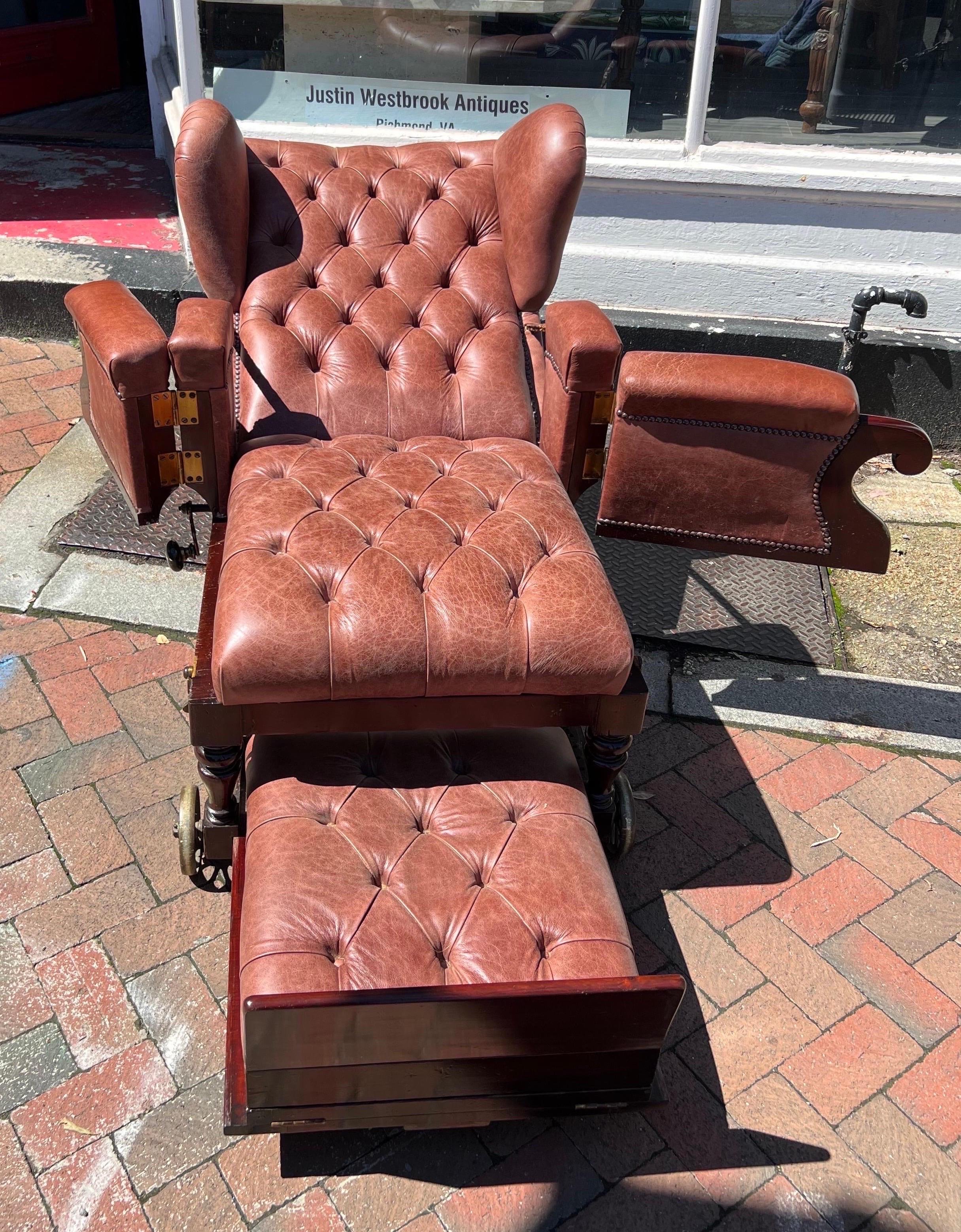Labeled 19th Century London Made Reclining Mechanical Library Chair on Castors In Good Condition For Sale In Charleston, SC
