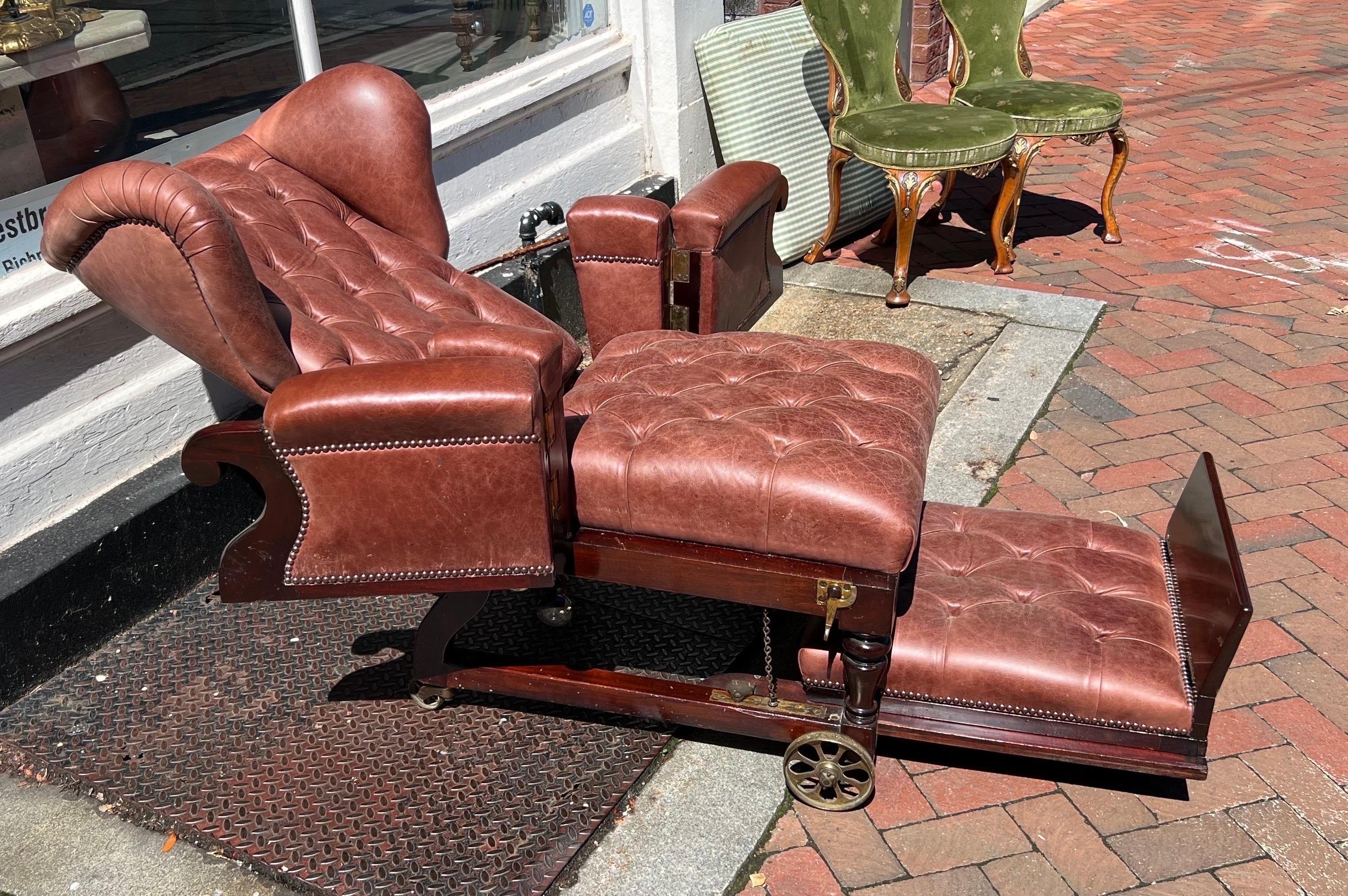 Bronze Labeled 19th Century London Made Reclining Mechanical Library Chair on Castors For Sale