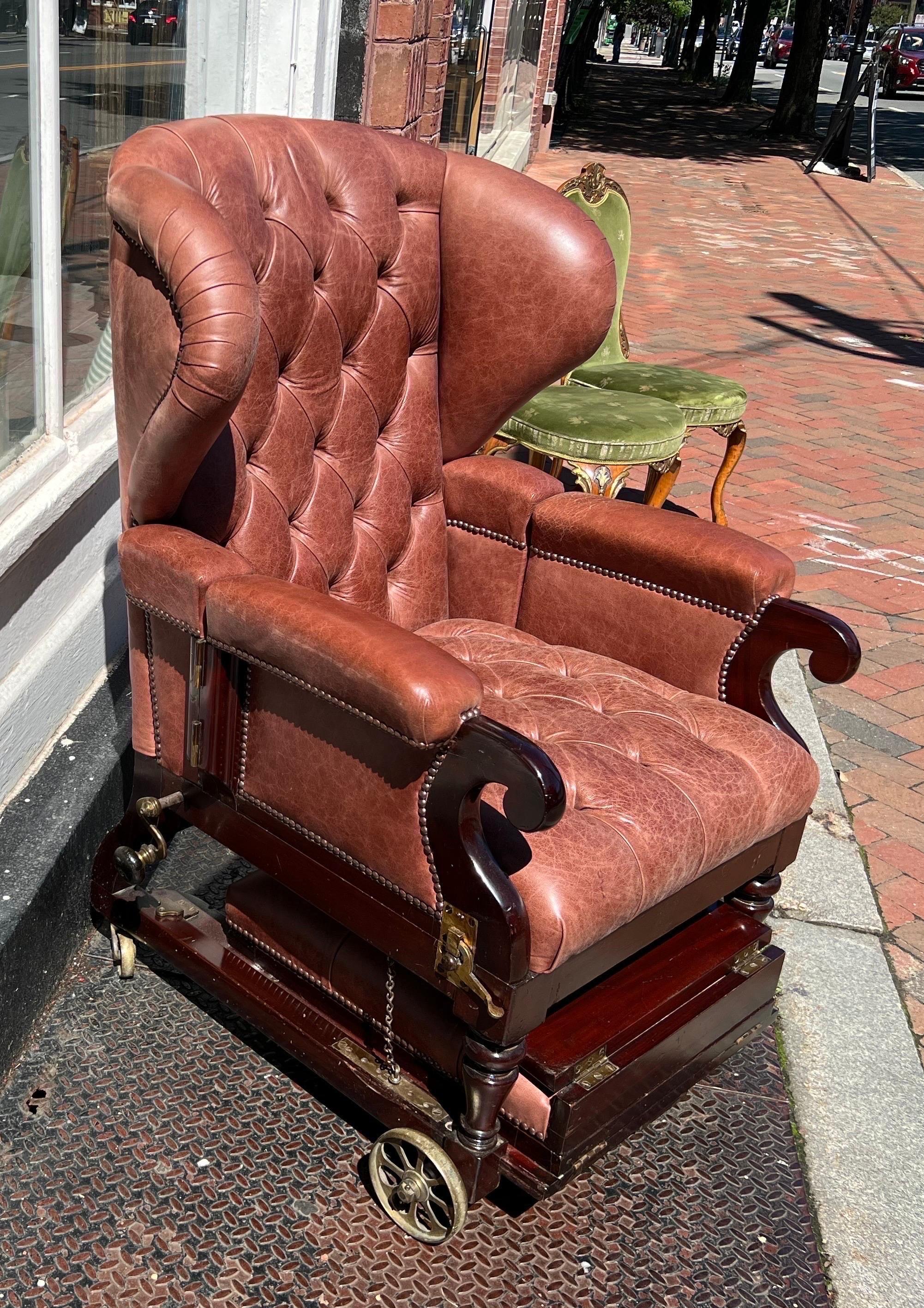 Labeled 19th Century London Made Reclining Mechanical Library Chair on Castors For Sale 2