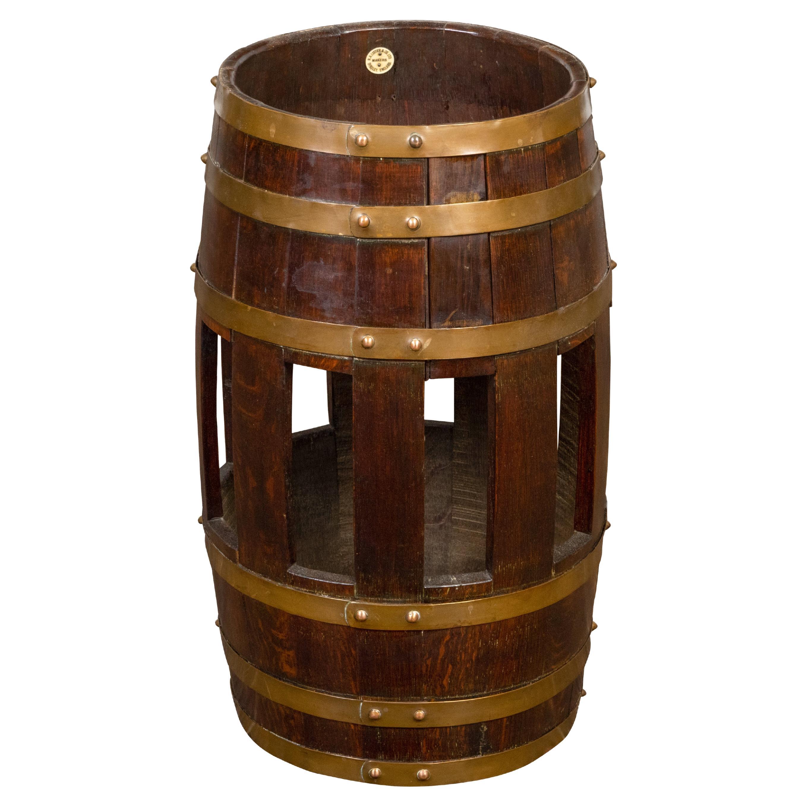 Labeled English 1900s R.A. Lister & Co. Oak and Brass Barrel with Open Section For Sale