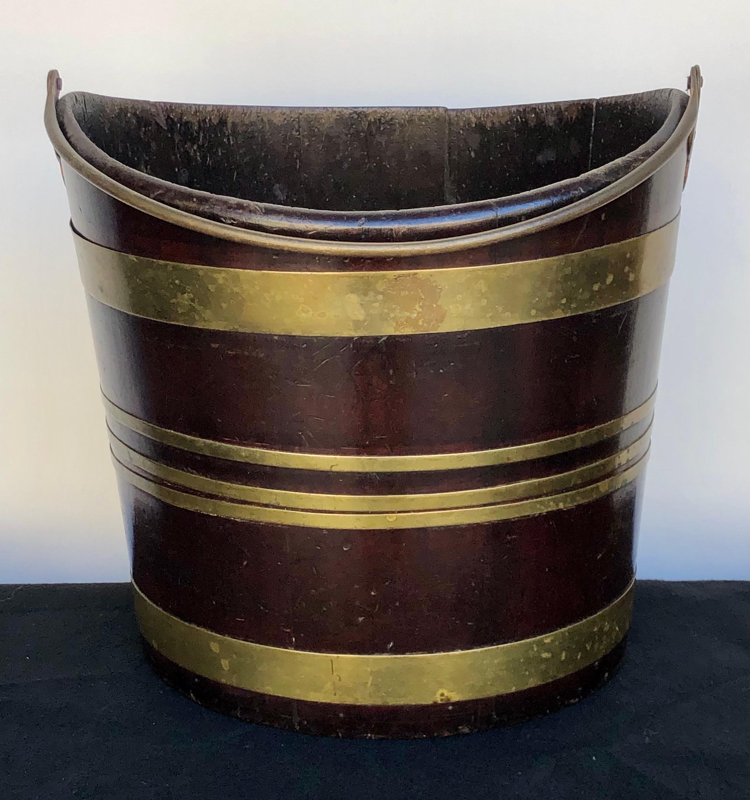 English Labeled George III Brass-Bound Mahogany Navette Form Peat Bucket, 19th Century For Sale